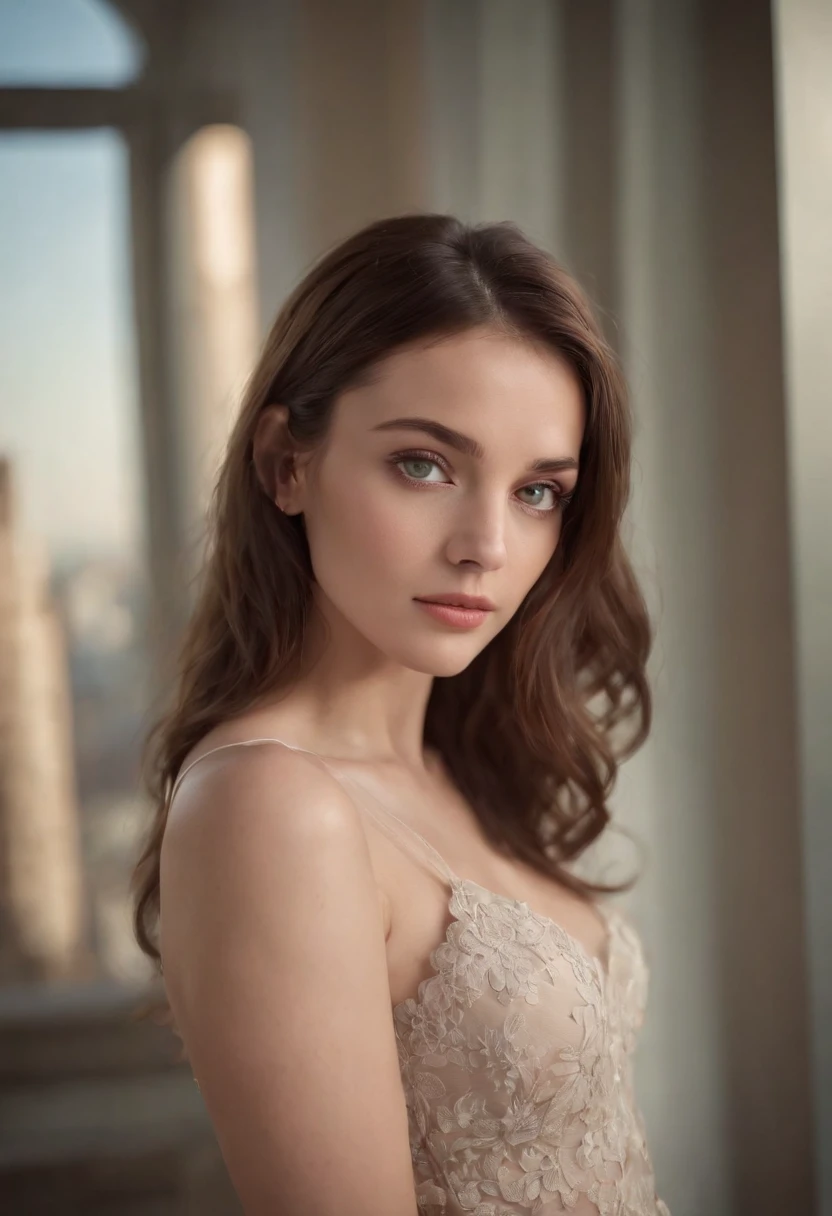 arafed woman, sexy girl with green eyes, brown hair and large eyes, full body shot of a young woman, bedroom eyes, violet myers, without makeup, natural makeup, looking directly at the camera, face with artgram, subtle makeup, piercing green eyes, beautiful angle, cute girl, brunette goddess, high detail, new york city skyline in the background