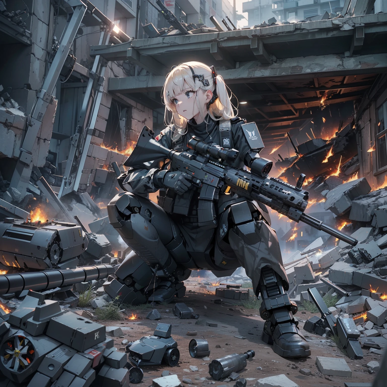 (h&K Rifle:1.4)、(((Fire a rifle to destroy military robots:1.4)))、(Female soldier with non-mechanical body)、独奏:1.4、(Black combat uniform)、(platinum-blonde-hair:1.2)、Have multiple weapons、rubble、((超A high resolution))、Detail Write、​masterpiece、top-quality、extremely details CG、Image quality in 8K、Cinematographic lighting、lensflare、(Night combat)、((In Building))、Hyper-detailing、The wreckage of military robots、cowboy  shot:1.4、From diagonally behind、From  above 、(hK416)、turned around