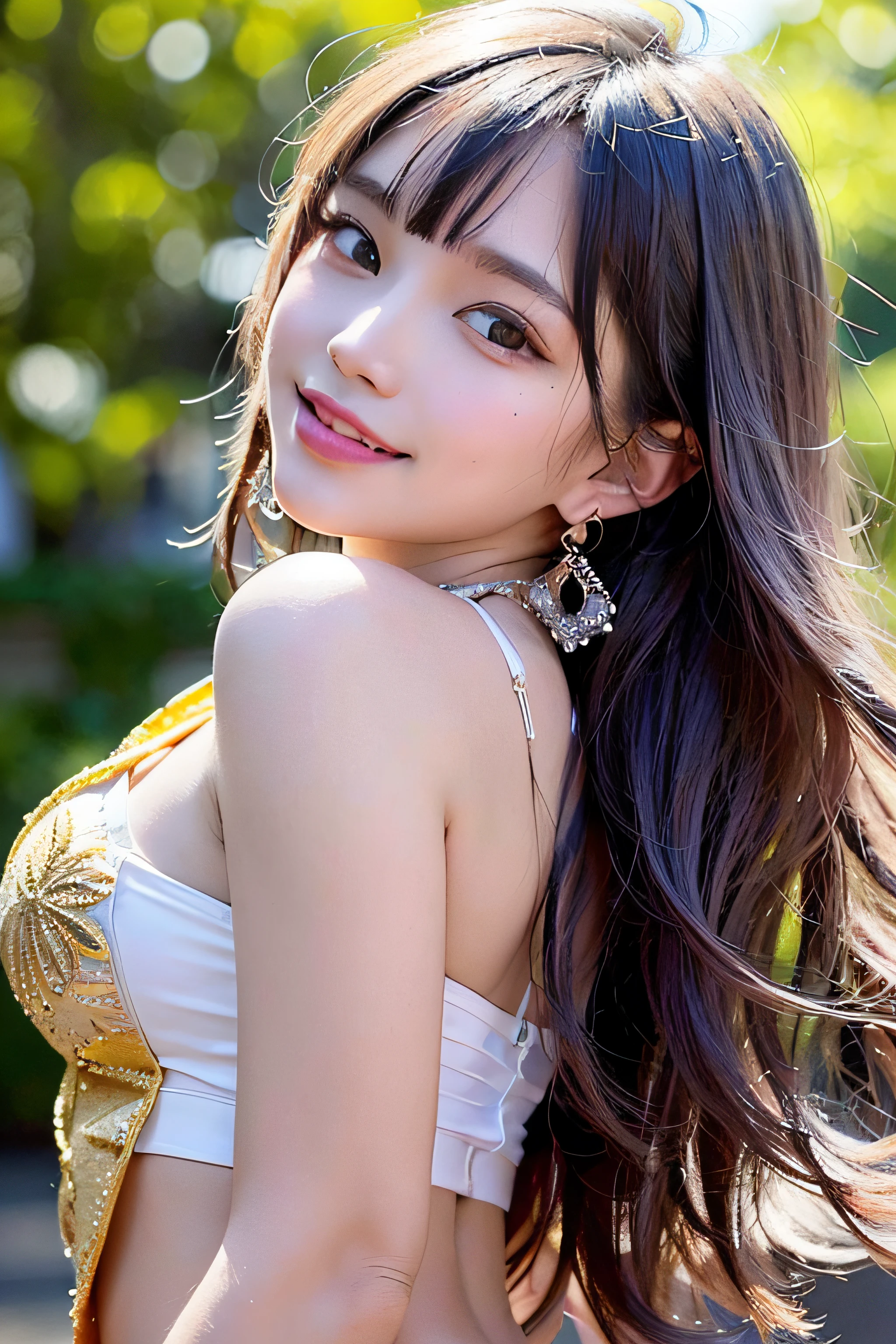 Trip (Only slim shoulder straps, Ultra-low-cut top)( Very close view ) Face view , clothes see-through (((Outdoor paradise))), ((Petals flying in the air )),Light smile,,camel-toe,(Crystal colorful lights),,Soft clouds,((|Cover with a scarf)), ((Cute clothes that are short and wide|no underwares|Slightly perspective ) ((greek architecture,Bohemian architecture,Hindu temples,Thai snacks,Thai style)) starrysky,Beautiful
((Masterpiece)),(realisticlying:1.2),best qualtiy,high high quality,absurderes,rich colourful,stunning art,best qualtiy, ultra - detailed,beautifuldetails, reflective hair,Good lighting, Ray traching, depth of fields,ultra - detailed,illustratio,astounding,finedetail,The is very detailed, ((ultra - detailed)), (Beautiful Meticulous Girl), Beautiful detail glow, Complicated details, A high resolution, Extremely refined and beautiful,beatiful detailed eyes, hdr, Round eyes, detailedfacialfeatures,(Round pupils:1.4) (illustratio),(美丽细致的眼睛)(Very very detailed face)), depth of fields,(alluring face)((ssmile:1.3)), Smiling lips, (looking at viewert:1.1) closeup cleavage, wide wide shot, Side Body, photore, lewd poses , Moody light, Sistine Phil Beldev, Smile,(((Masterpiece,Best quality,A high resolution)))),Extremely detailed 8K,Beautiful girl with busty body,(hyper HD,ultra - detailed,High detail,high realistic,Ultra-realistic,Photo realism),(1girll:1.5),(realistic dark hair),Short curly hair,Bob cuts hair,(Dynamic posture),Face the camera,A shallow smile,Open lips,Light blue eyes,Average chest,
(Beautiful and detailed face,Beautiful and delicate eyes),Sunlight),(Beautiful buttocks 0.5),Color backlight
split, Cover your chest with only your hands,hips bare,earring,Pink sexy yarn,((Striped underwear、Black openwork underwear、Transparent embroidered tulle underwear set,Gold bracelets,Pink lace gloves))Lace pantyhose、Lace gloves、Wedding headscarf、pearls necklace,(toppless)(Very small panties),Moles under eyes, ((Gray-blue hair)),Crystal glowing necklace