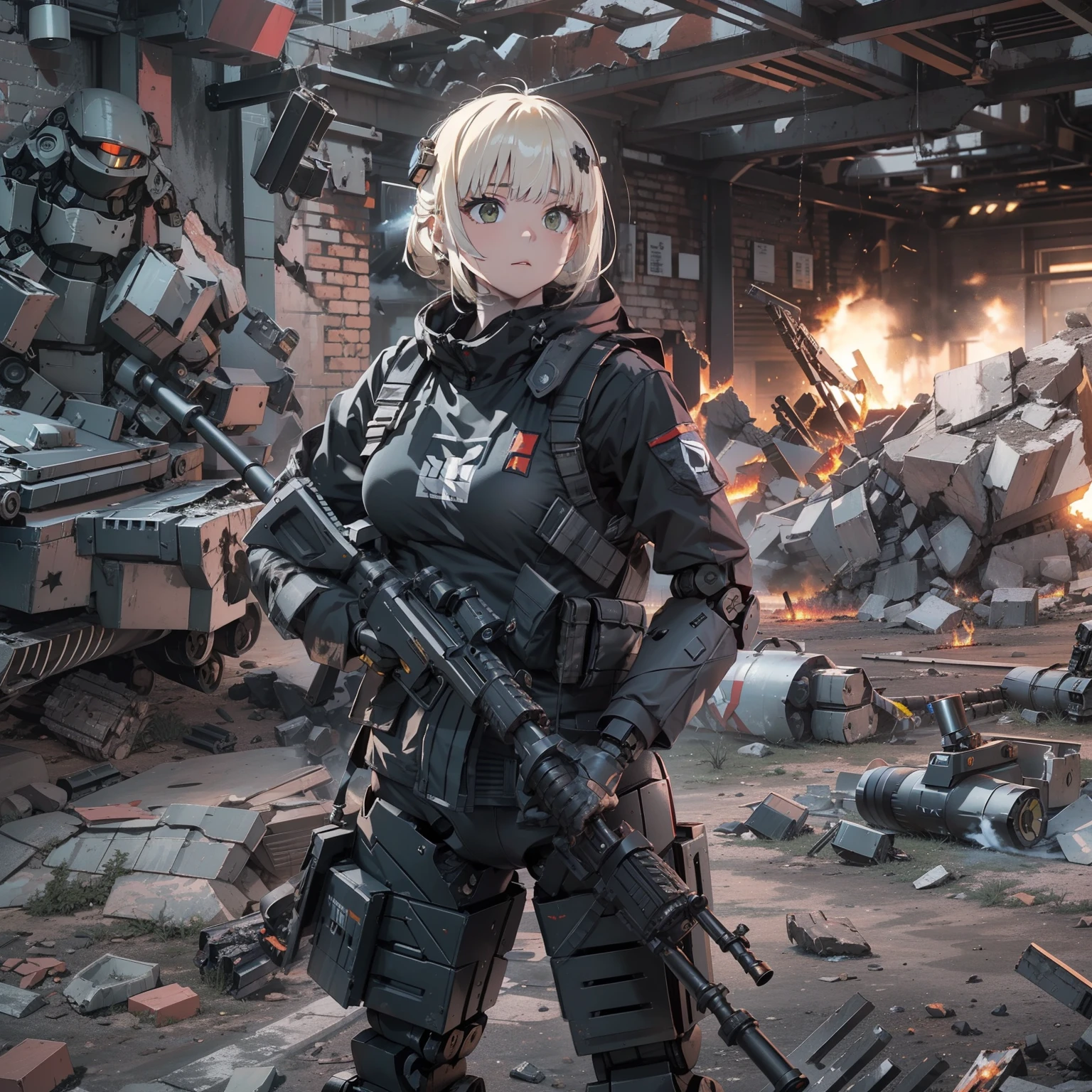 (h&K Rifle:1.4)、(((Fire a rifle to destroy military robots:1.4)))、(Female soldier with non-mechanical body)、独奏:1.4、(Black combat uniform)、(platinum-blonde-hair:1.2)、Have multiple weapons、rubble、((超A high resolution))、Detail Write、masterpiece、top-quality、extremely details CG、Image quality in 8K、Cinematographic lighting、lensflare、(Night combat)、((In Building))、Hyper-detailing、The wreckage of military robots、cowboy shot:1.4、From diagonally behind、From above 、(hK416)、turned around