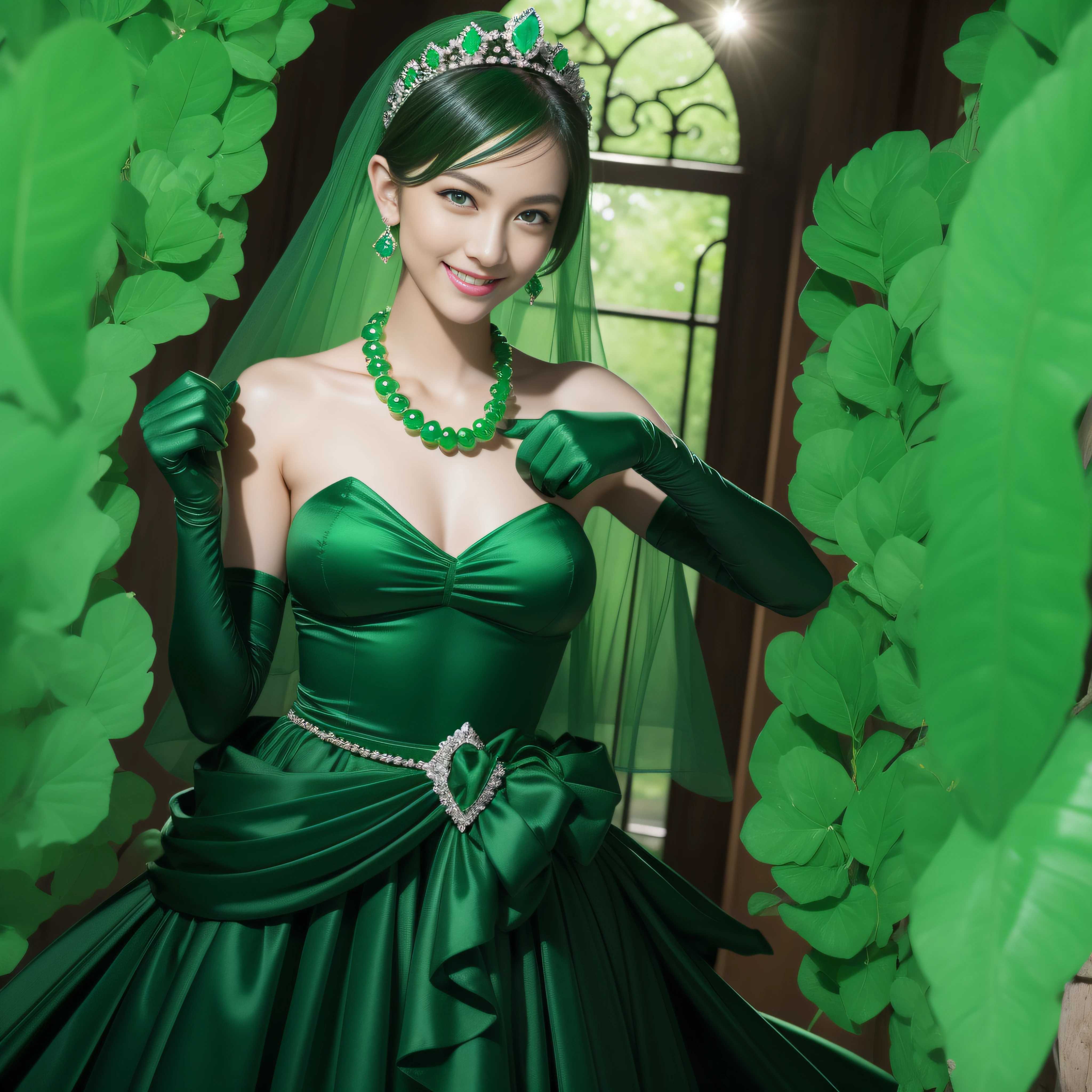 emerald tiara, Green Pearl Necklace, Boyish very short black hair, lipsticks, Japan woman smiling, very short short hair, big breasts beautiful, Green eyes, Long green gloves made of satin material, Green eyes, Emerald Earrings, Green dress