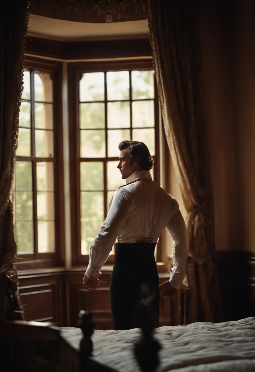 realistic, masterpiece, intricate details, detailed background, depth of field, cinematic, pectorals, abs, , open shirt, dramatic lighting, photo of a handsome (regency era man) in bedroom, window, volumetric light, poster art photography