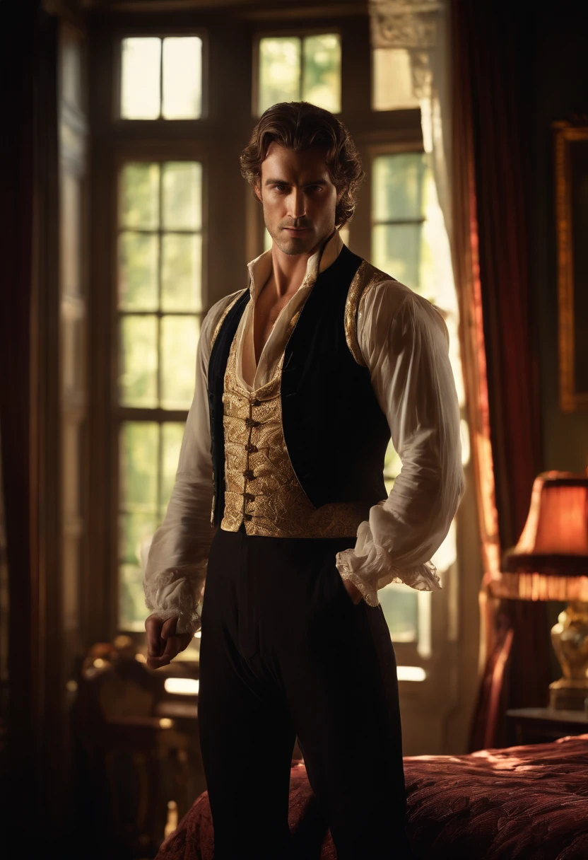 realistic, masterpiece, intricate details, detailed background, depth of field, cinematic, pectorals, abs, , open shirt, dramatic lighting, photo of a handsome (regency era man) in bedroom, window, volumetric light, poster art photography