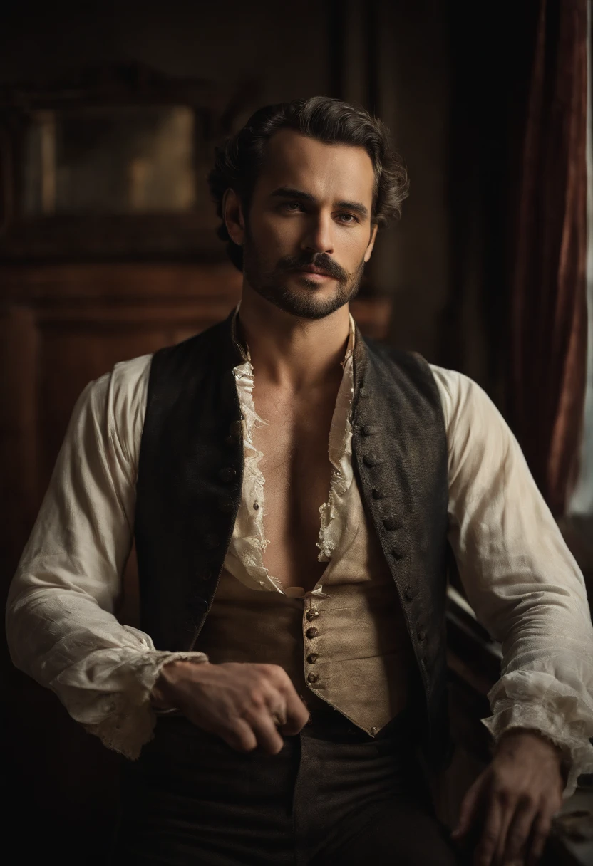 A sexy but innocent looking man, he is tired after work, he is dirty , 15th centuries ,wearing old and worn-out peasant clothes, handsome face, mediaeval period,black hair , homoerotic, , looking at camera, seductively,nsfw, homoerotic, penis ,open legs,