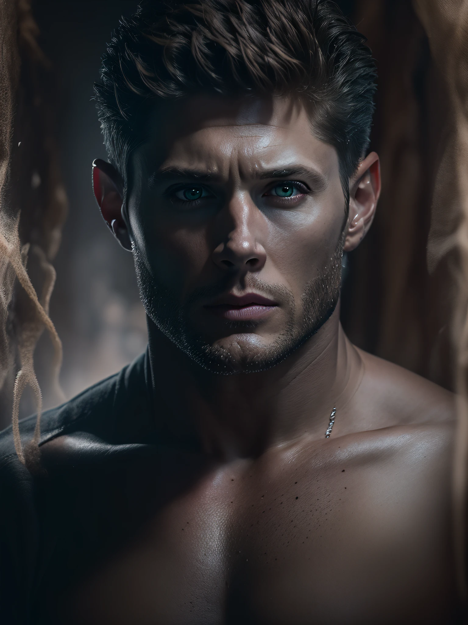 (8K, Best Quality, Masterpiece:1.2), (Photorealistic:1.4), RAW photo, Best Quality, extra high resolution, better shadow, (full - body:1.2), (Dean Winchester), Jensen Ackles,  naked torso, Large-scale stunning surroundings, Horror, Dark horror, highly detailed facial features, Beautiful and flawless face, Perfect eyes