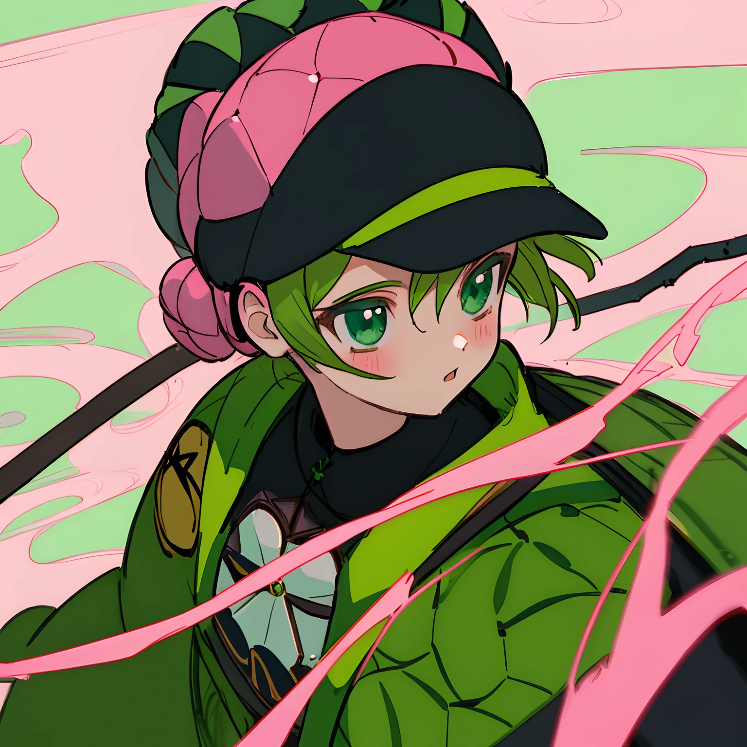 tartaruga feminina, faixa rosa nos olhos, using stick, pele verde, com casco nas costas, anime