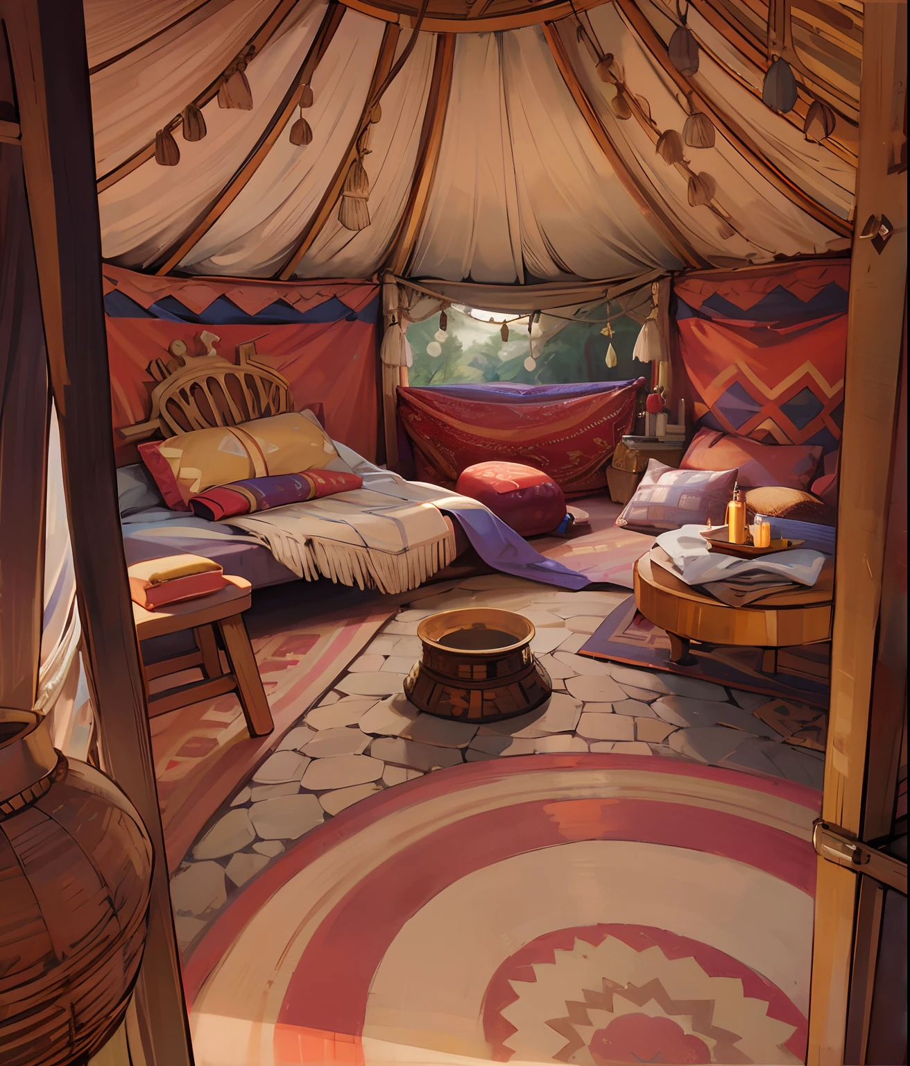 topquality、hight resolution、more detailed, Inside the yurt, pillows, Carpets, cloth, Ottoman