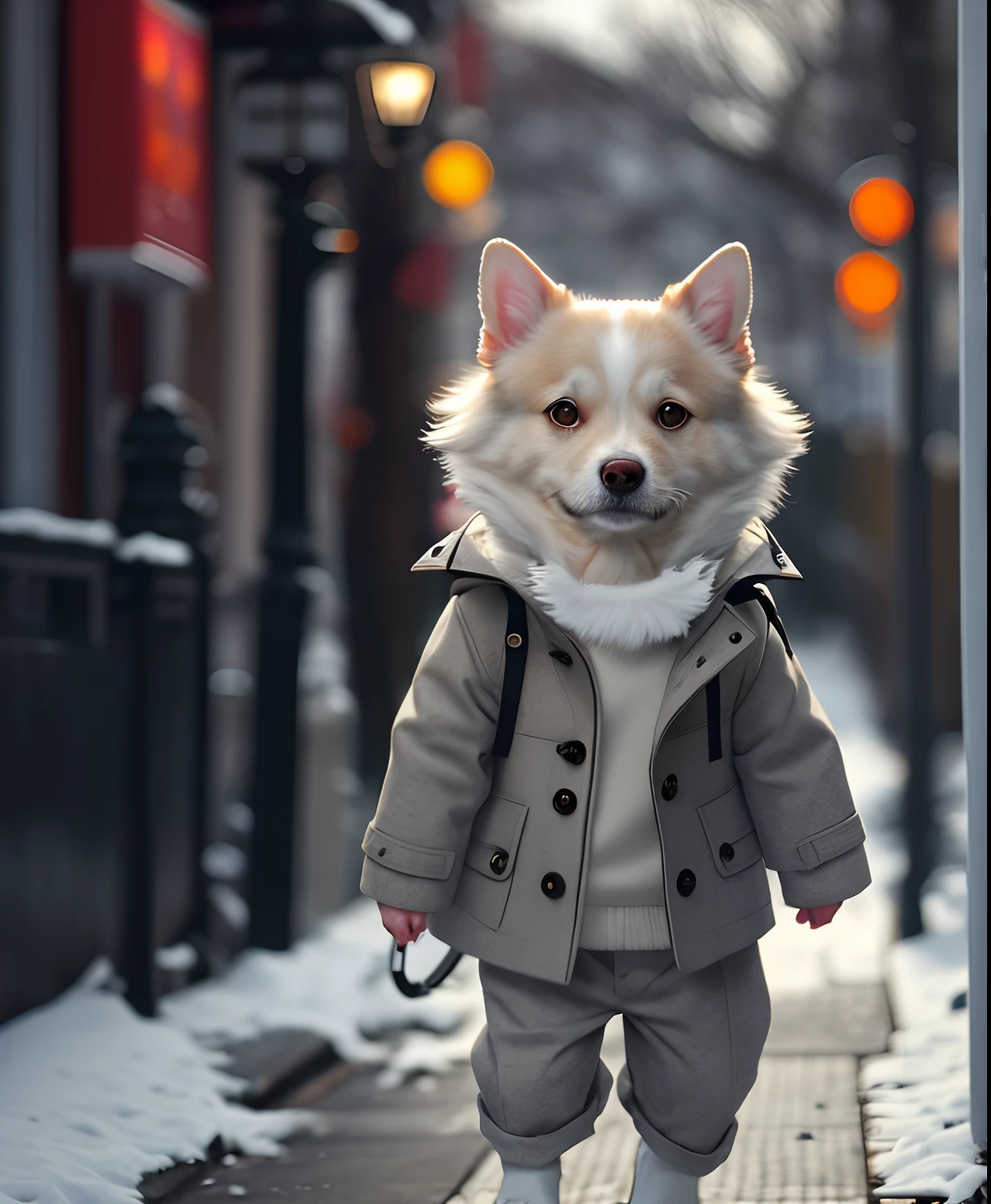 autumn coat, white dog head, day time