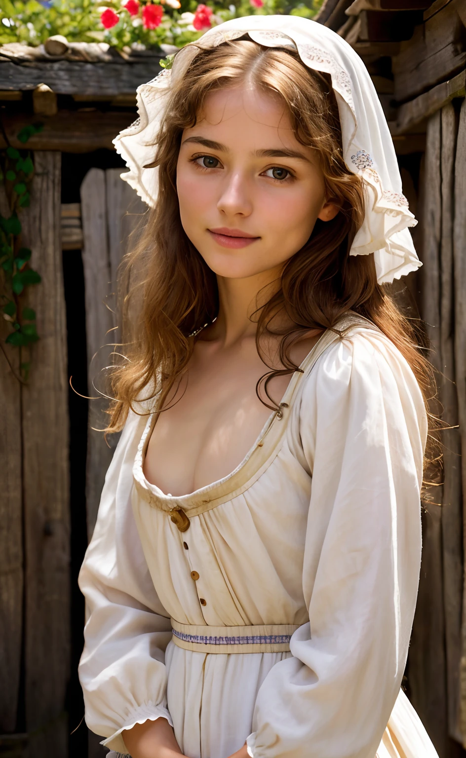 hyper photorealistic, cute peasant woman, in small European village, (18 years), (detailed face and eyes), full body portrait,  (extremely sexy), Masterpiece, pleasure, nudist, small breasts, expression enjoyment, idyllic aura, medieval environment, cinematic lighting, light honey hair, little smile, fine facial traits, Slim physique, (depth of field), ultra detailed, cinematic