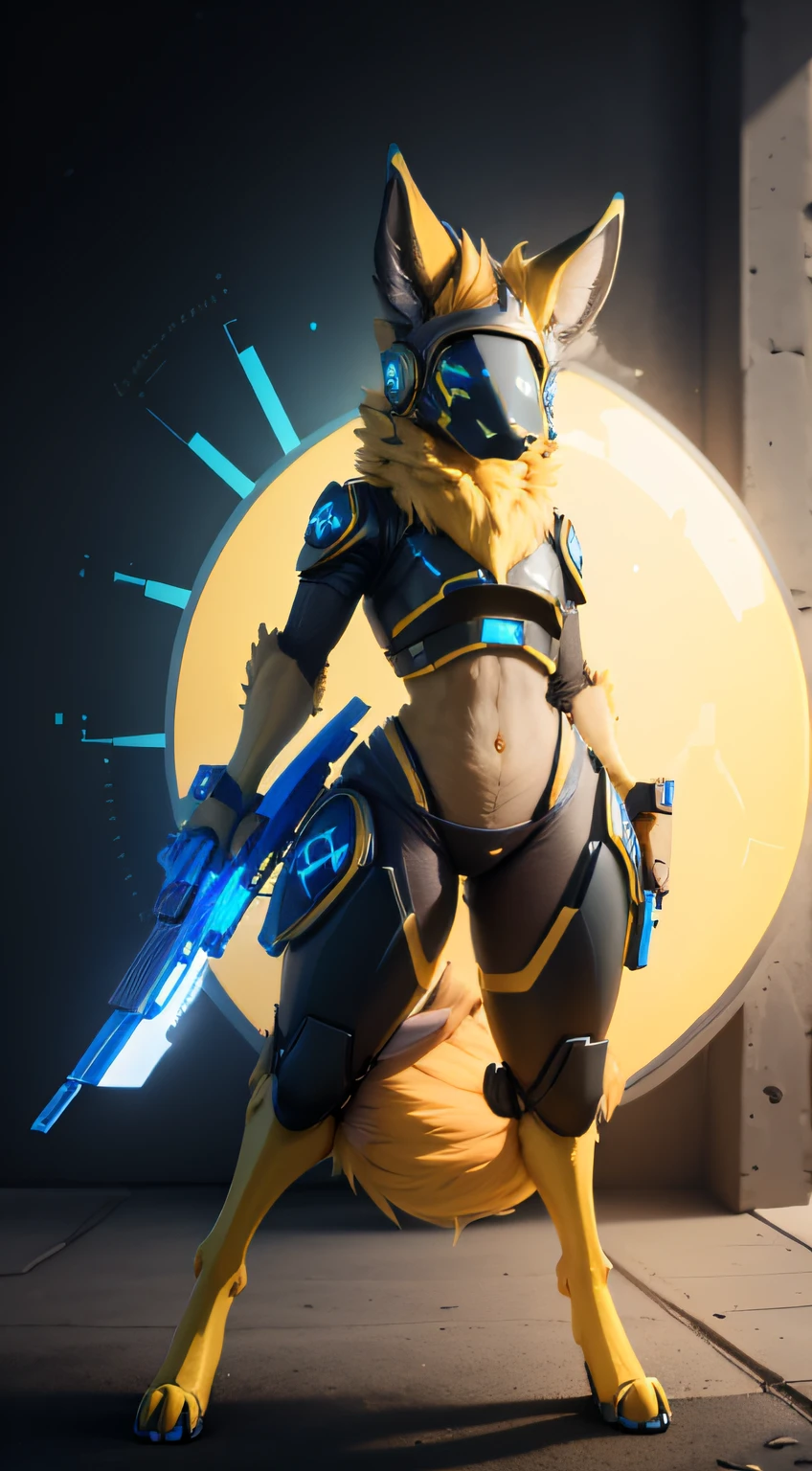 Femboy protogen with wide hips, yellow hair, and yellow emissive highlights. blue eyes, and orange fur tufts, holding futuristic gun. Blue symbols.