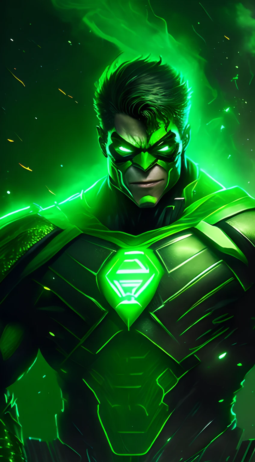 gloomy portrait of Green Lantern Joker from DC, extremely detailed, futuristic cityscape, nighttime, glowing neon lights, smoke, sparks, metal shavings, flying debris, blue energy effects, volumetric light