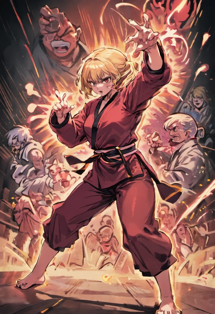 Manga Storyboard: 1.8, Manga Layout, "Martial Arts Matches, Battle between man and woman", Outdoor Arena, Bare-handed fist fights, fighting spirit, Kamehameha, accurate anatomy, (isolation: 1.1), (Reflected Light: 1.2), glass, super detailed, Convoluted, oil on canevas, Dry brush, detail Enhanced, Dynamic Poses、dynamic compositions、Detailed finger、Detailed hand、A detailed face、32K , hyper HD, Comic Panel Layout, Voice bubbles, english text, Hand-drawn audio stickers used in cartoons, Spoke Heart, Read the ellipsis, Spoke question mark, Read an exclamation point, Read notes aloud, Otherworldly, 1990s style ), Effect Lines