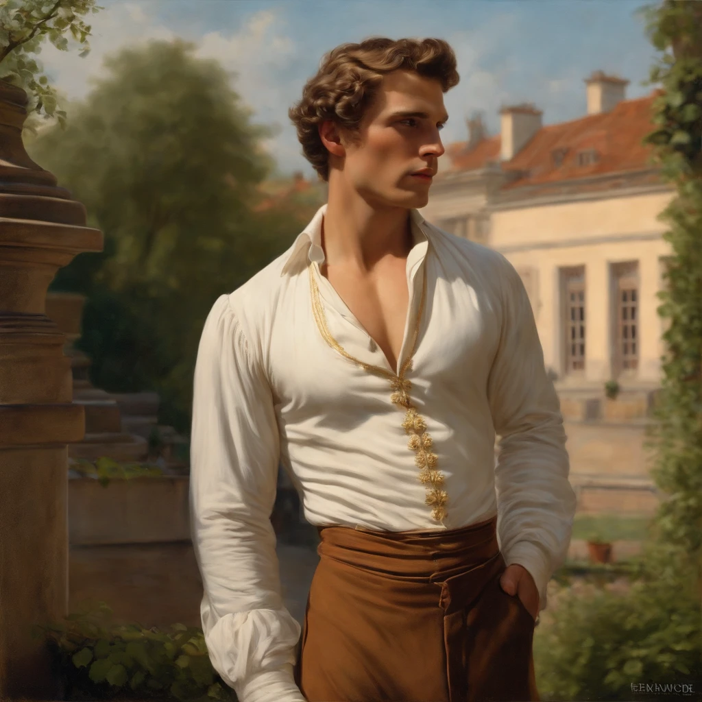 White man with brown short hair. His physique is vigorous, It should be large. Er befindet sich in der Stadt. open shirt, regency era