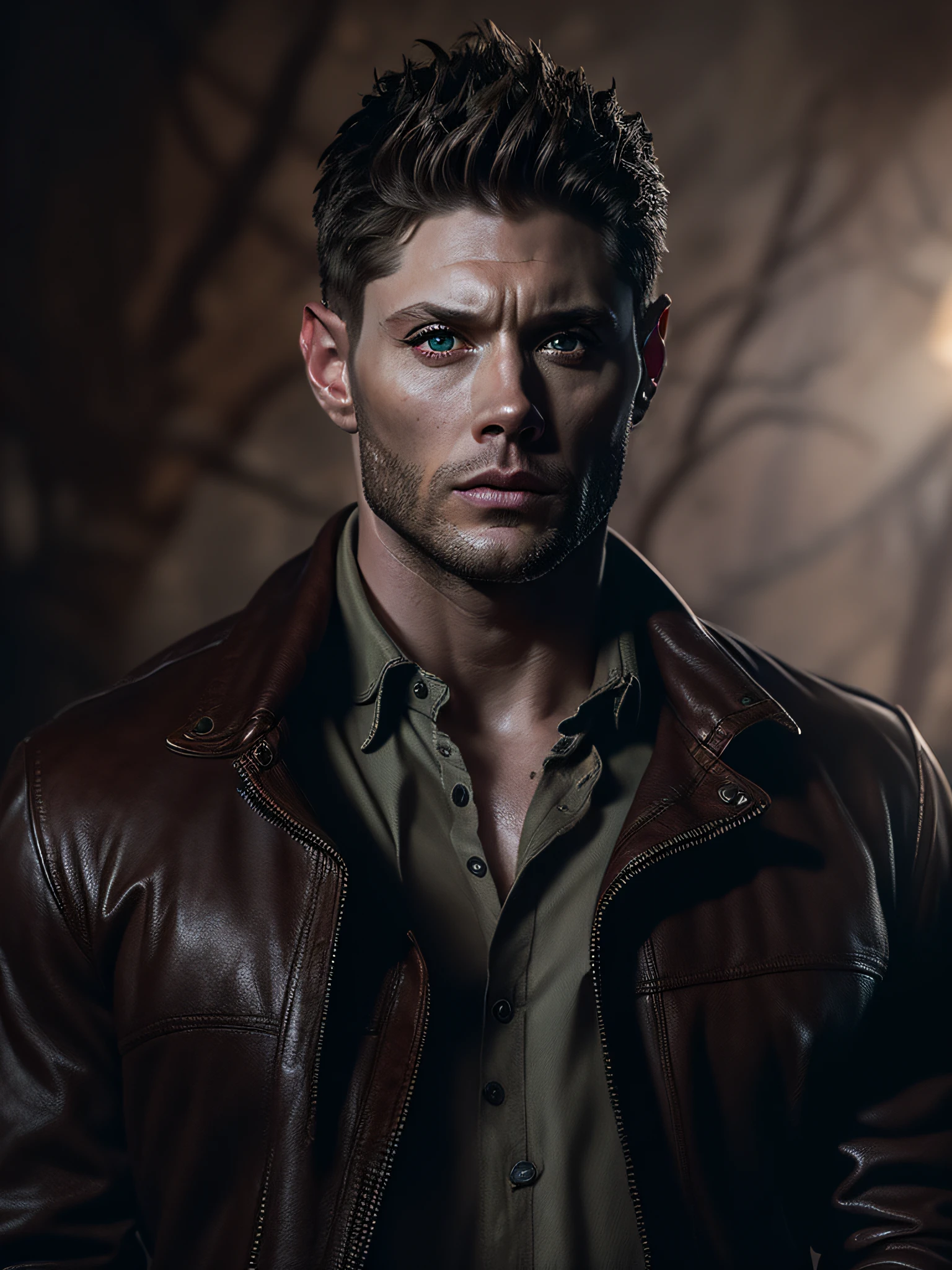 (8K, Best Quality, Masterpiece:1.2), (Photorealistic:1.4), RAW photo, Best Quality, extra high resolution, better shadow, (full - body:1.2), (Dean Winchester), Jensen Ackles,  naked torso, Large-scale stunning surroundings, Horror, Dark horror, highly detailed facial features, Beautiful and flawless face, Perfect eyes