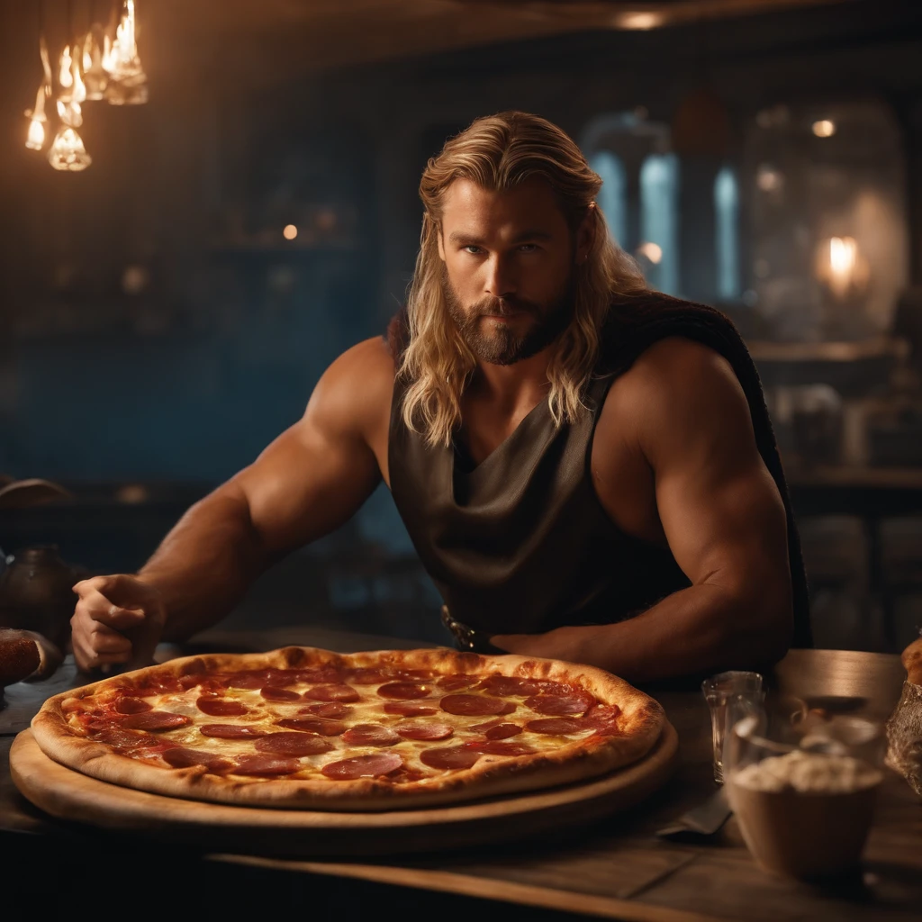Muy gordo Thor come pizza grande, Detalles altos, ultra foto realsisim, realista, 8k