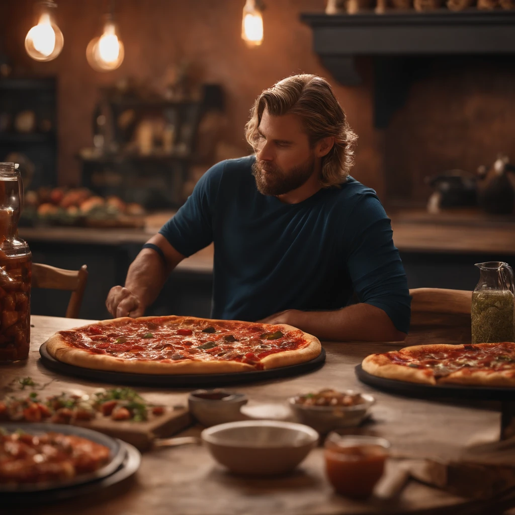 Muy gordo Thor come pizza grande, Detalles altos, ultra foto realsisim, realista, 8k