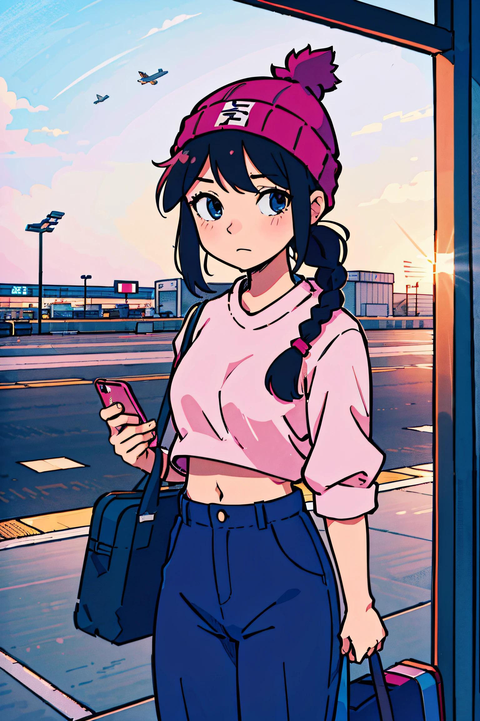 (top-quality:0.8), (top-quality:0.8), perfect anime illustration, airport, Pink carry case, Leaning on the carry case, View your phone, full bodyesbian, Braids, A dark-haired, knit hat, Navel Fashion, Korea