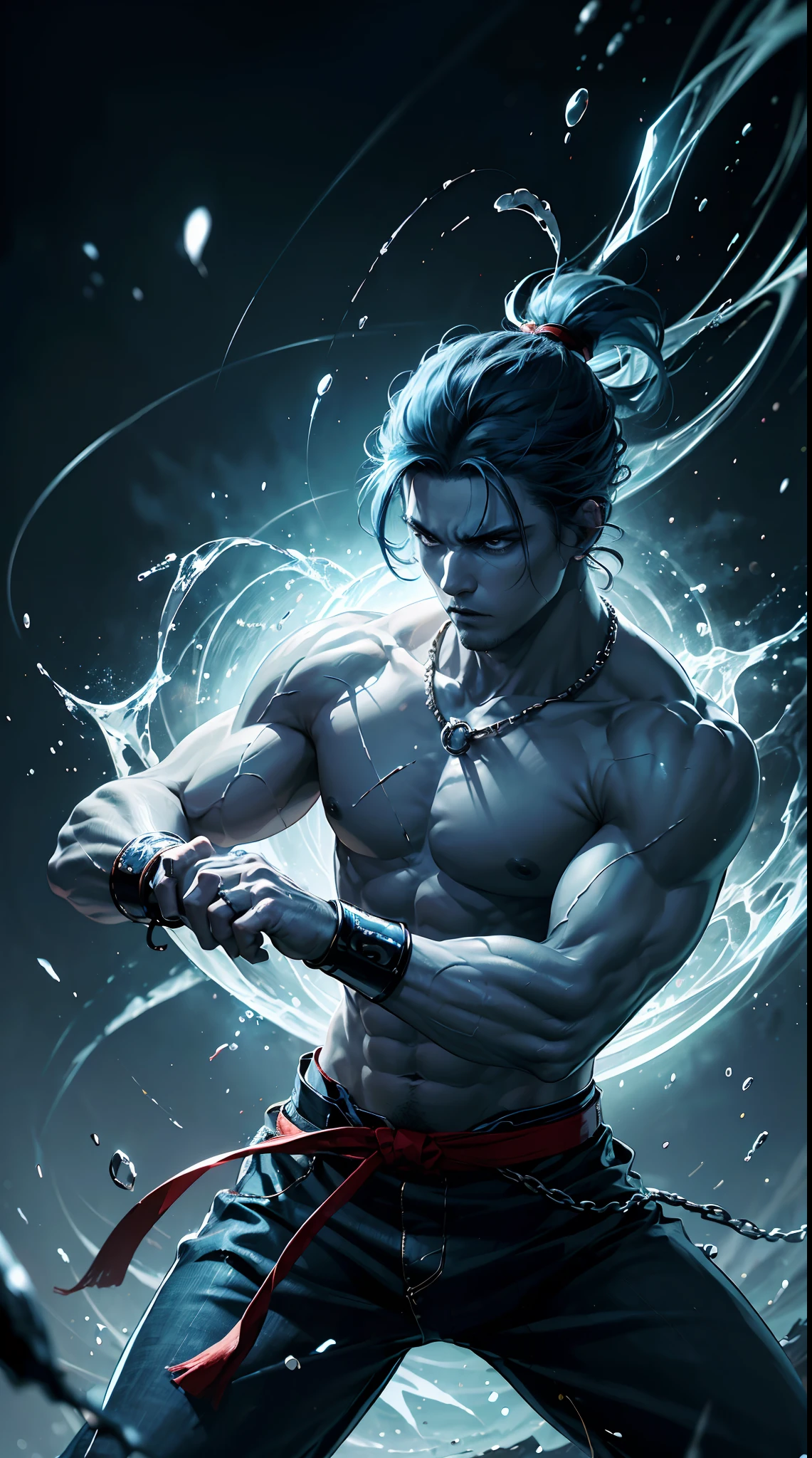 Man with martial arts stance using 10 rings on his hand,Blue hair, old fashioned blue pants with no shirt, badass expression, epic kung fu pose, fire Blue  and rings background.HD lighting and dark )<=(epic image quality)red atmosphere with bright particle light(many effects in background)