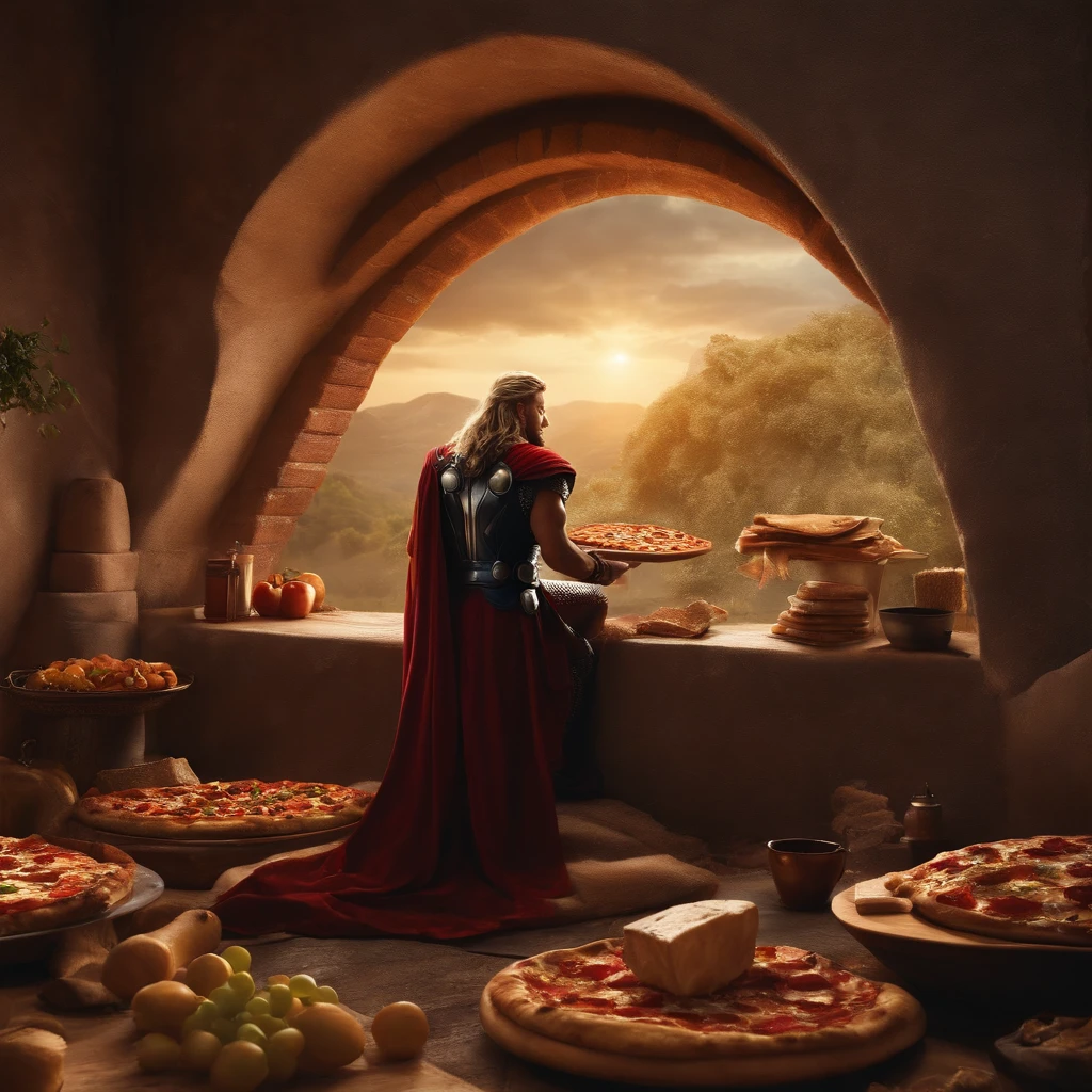 Muy gordo Thor come pizza grande, Detalles altos, ultra foto realsisim, realista, 8k