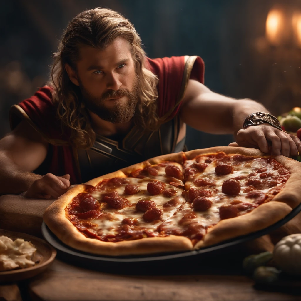 Muy gordo Thor come pizza grande, Detalles altos, ultra foto realsisim, realista, 8k