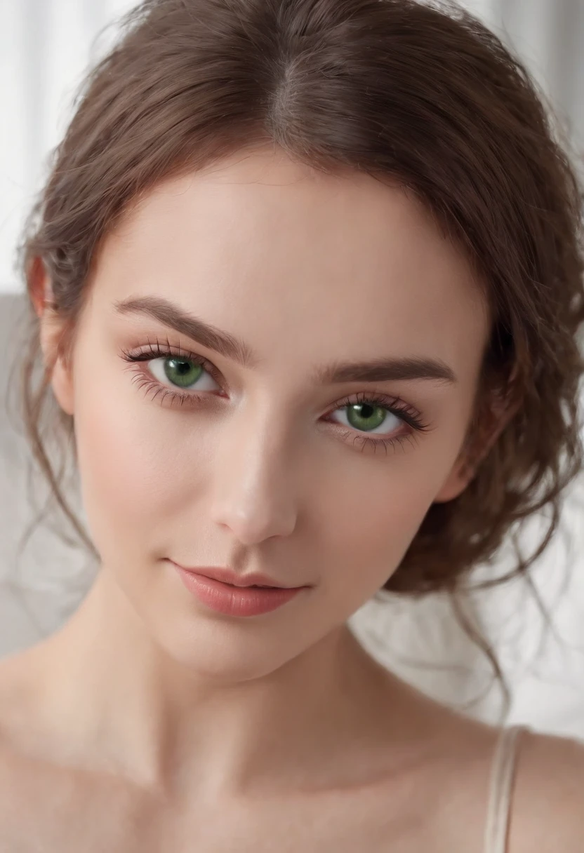 arafed woman, sexy girl with green eyes, brown hair and large eyes, full body shot of a young woman, bedroom eyes, violet myers, without makeup, happy smiling, natural makeup, looking directly at the camera, face with artgram, subtle makeup, piercing green eyes, beautiful angle, cute girl, brunette goddess, high detail, ocean in the back ground