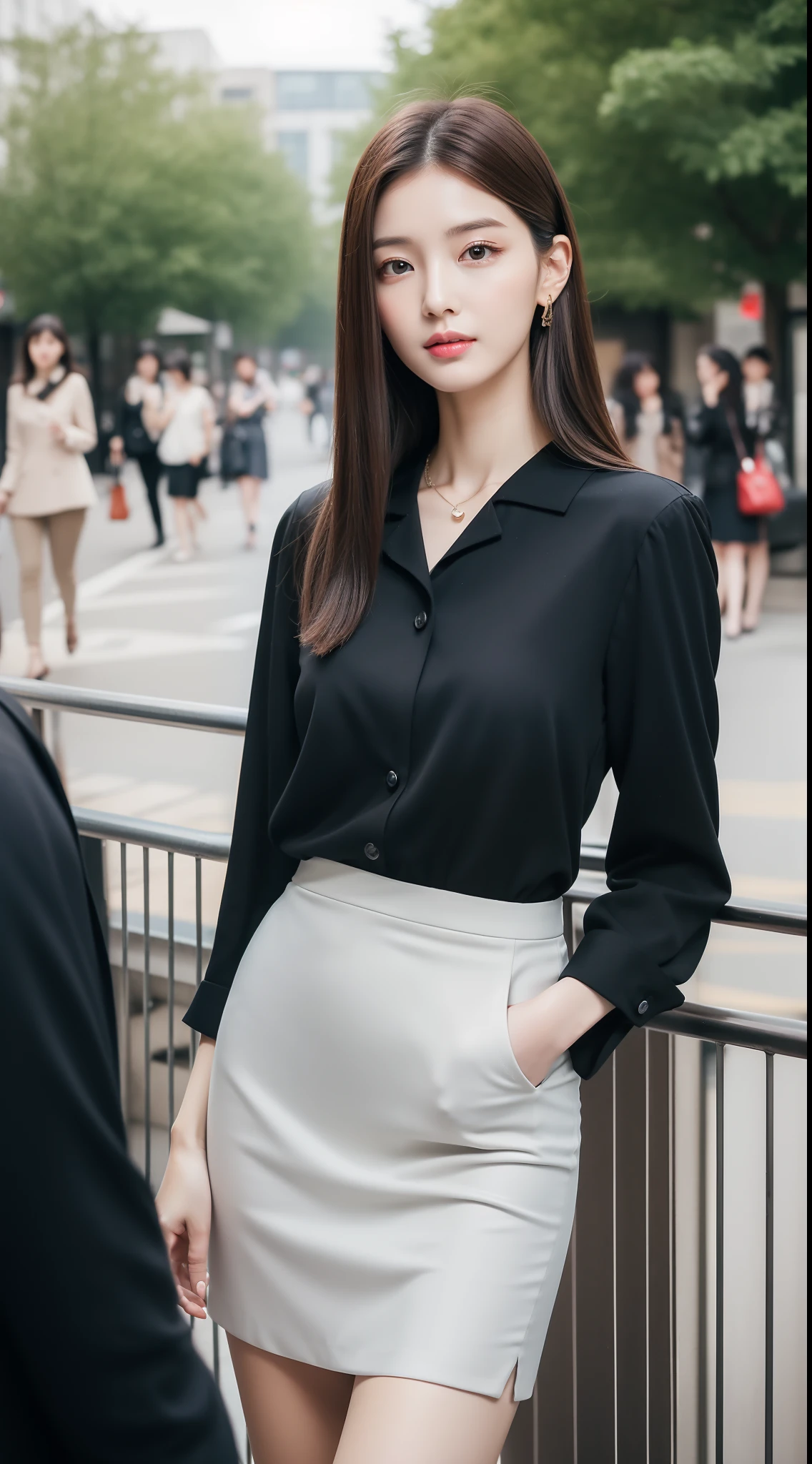 ulzang-6500-v1.1, (RAW photo:1.2), (Photorealistic:1.4), Beautiful detailed girl, Very detailed eyes and face, Beautiful detailed eyes, Super detailed, high resolution, Very detailed, Best quality, Full body street photography
外貌：
   - Slender and curvy，Taller than normal，The tall figure stands out in the office。
   - High nose bridge and well-defined features，Let her face radiate natural elegance and intelligence。
   - Big shiny eyes，Bright as the stars，Reveals a dynamic glow。
   - Smooth skin，Looks delicate and healthy，It adds a touch of mystery to her。
Makeup：
   - Light and natural makeup，Highlight her native beauty，It makes people feel that she can confidently show her charm without too much embellishment。
   - Slender and shaped eyebrows，Neatly outlined her eyes，Highlight her temperament and confidence。
   - Apply light pink lipstick，Soft and charming，It adds a touch of playfulness。
 clothes：
   - High-quality professional wear，Cut to fit，Show her elegant and professional side。Classic black or dark gray suit with white shirt，It reflects her confidence and sense of authority。
   - The slender and slim curve of the legs is accentuated in the well-fitting skirt or shorts，It gives an impression full of confidence and charm。
   - Accessories are simple and sophisticated，For example, a carefully selected watch or necklace，Add a delicate touch to the overall look。