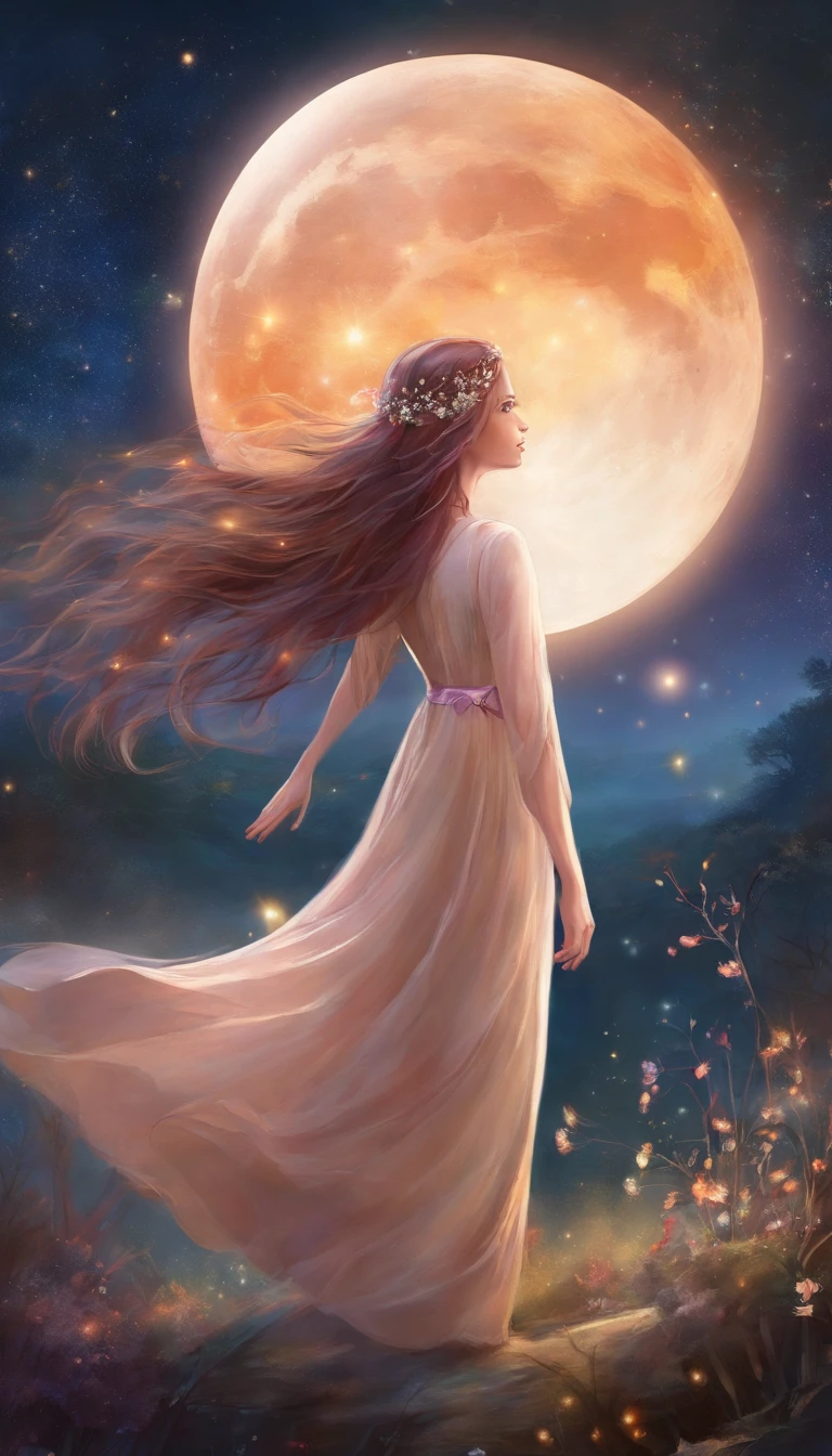 uma imagem noturna no campo, Starry sky and full moon