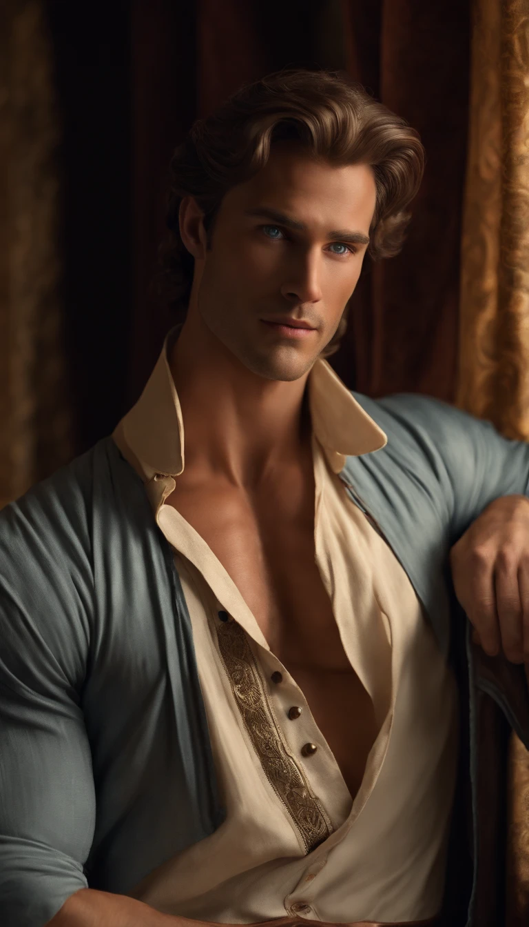 (Best quality,8K,Realistic),Handsome man,Male,Blue eyes,Brown hair,Good muscles, Shirt open, abs, very handsome, regency era room