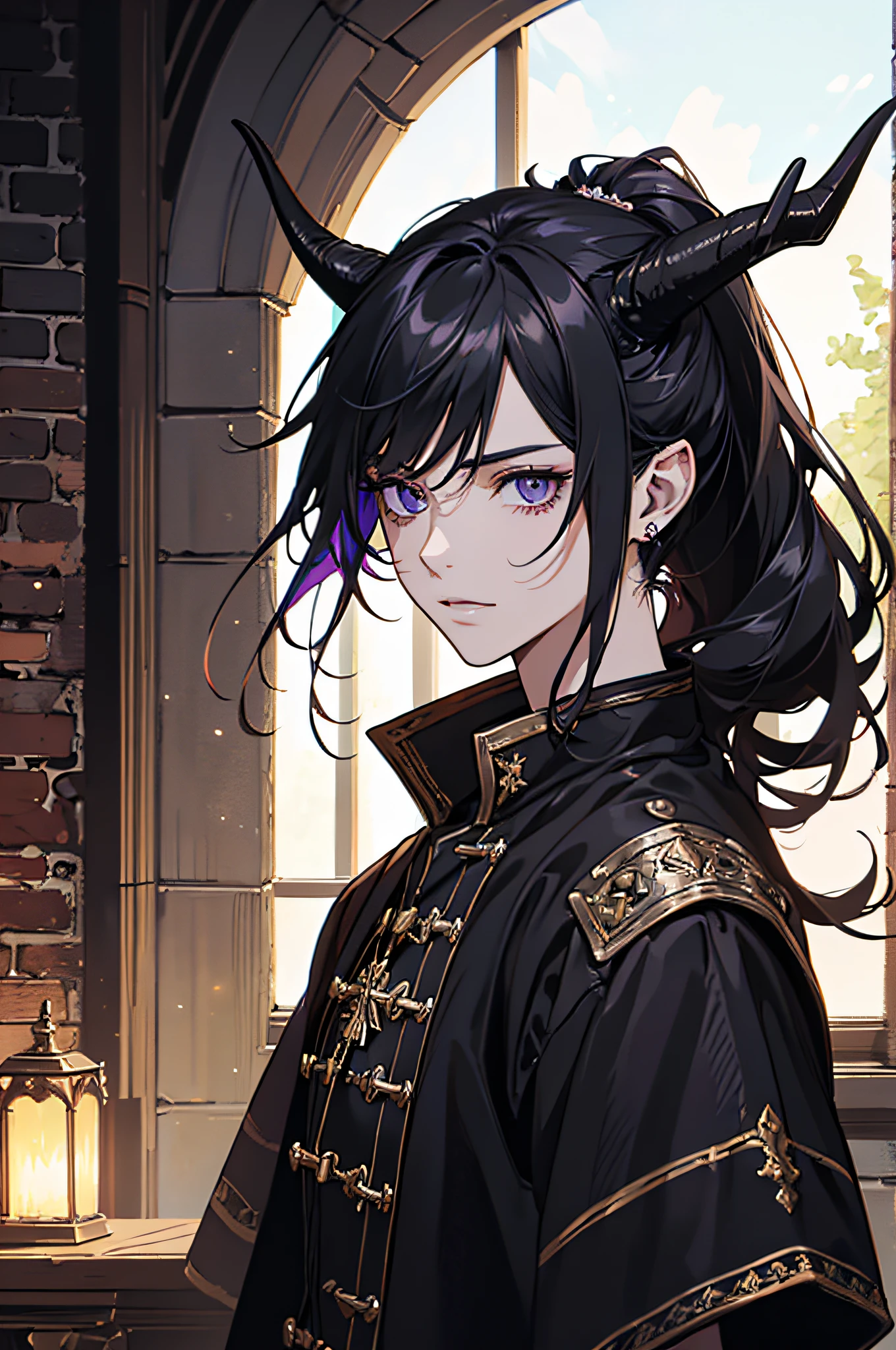 (masterpiece, Top quality, best quality, official art, beautiful and aesthetic: 1,2), ((1 man)), masculine, elegant, expresive eyes, (fraktale Kunst: 1,3), colorful, very detailed, (perfect face), half body, looking at viewer, dutch angle, cowboy shot, (long black hair), ponytail, (purple eye color), long elf like ears, two long demon horns on the head, leather armor, Clothing for the Middle Ages, assasin, dagger, light smile, HDR, (white gold lines: 1,2), Galaxie, (Lichtstreifen), eye-catching graphics, (dynamische Streifen, leuchtende Spuren: 1,2), lebendige Farben, (phoenix), (Drache)
