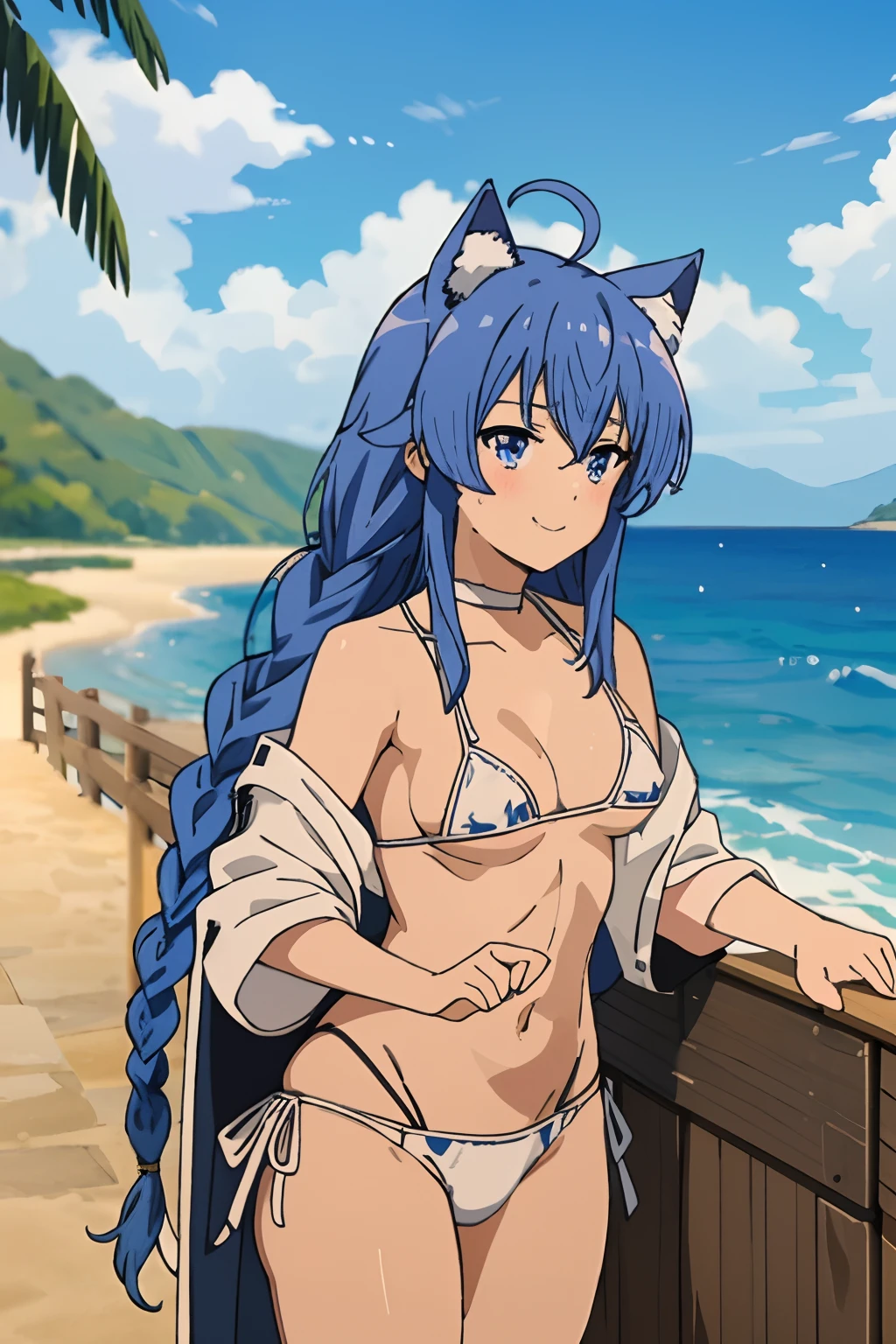 (Masterpiece, Best quality), Music, 1girll, Solo, Smile, Blush, Double up braid, Long hair, Blue hair, ahoge, Cat ears, Blue eyes, (((Bikini))), (((White bikini))), Small breasts, Upper body, standing, self-shot, looking at viewert, beach, Sea