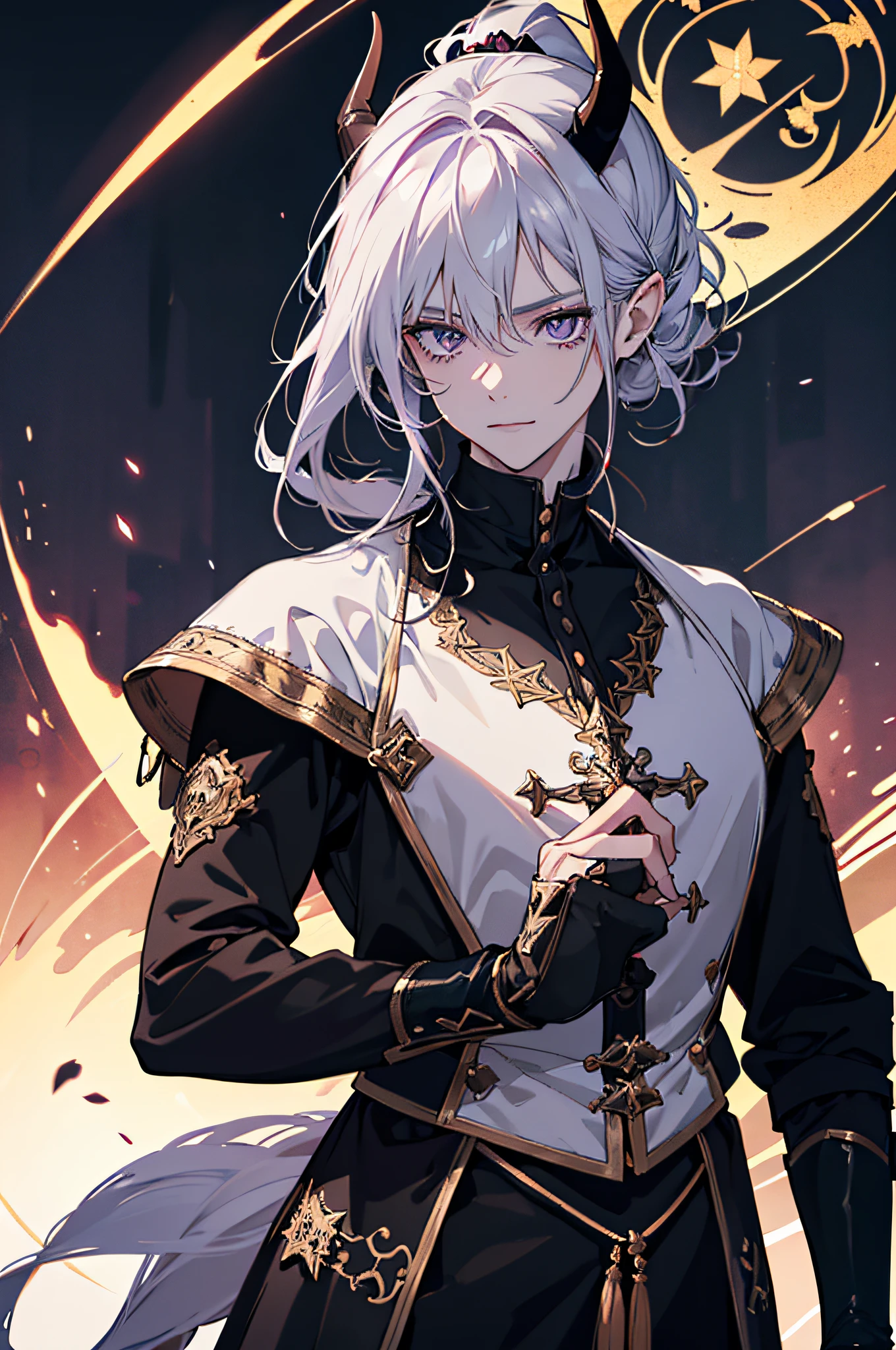 (masterpiece, Top quality, best quality, official art, beautiful and aesthetic: 1,2), ((1 man)), masculine, elegant, expresive eyes, (fraktale Kunst: 1,3), colorful, very detailed, (perfect face), half body, looking at viewer, dutch angle, cowboy shot, (long black hair), ponytail, (purple eye color), long elf like ears, two long demon horns on the head, leather armor, Clothing for the Middle Ages, assasin, dagger, light smile, HDR, (white gold lines: 1,2), Galaxie, (Lichtstreifen), eye-catching graphics, (dynamische Streifen, leuchtende Spuren: 1,2), lebendige Farben, (phoenix), (Drache)