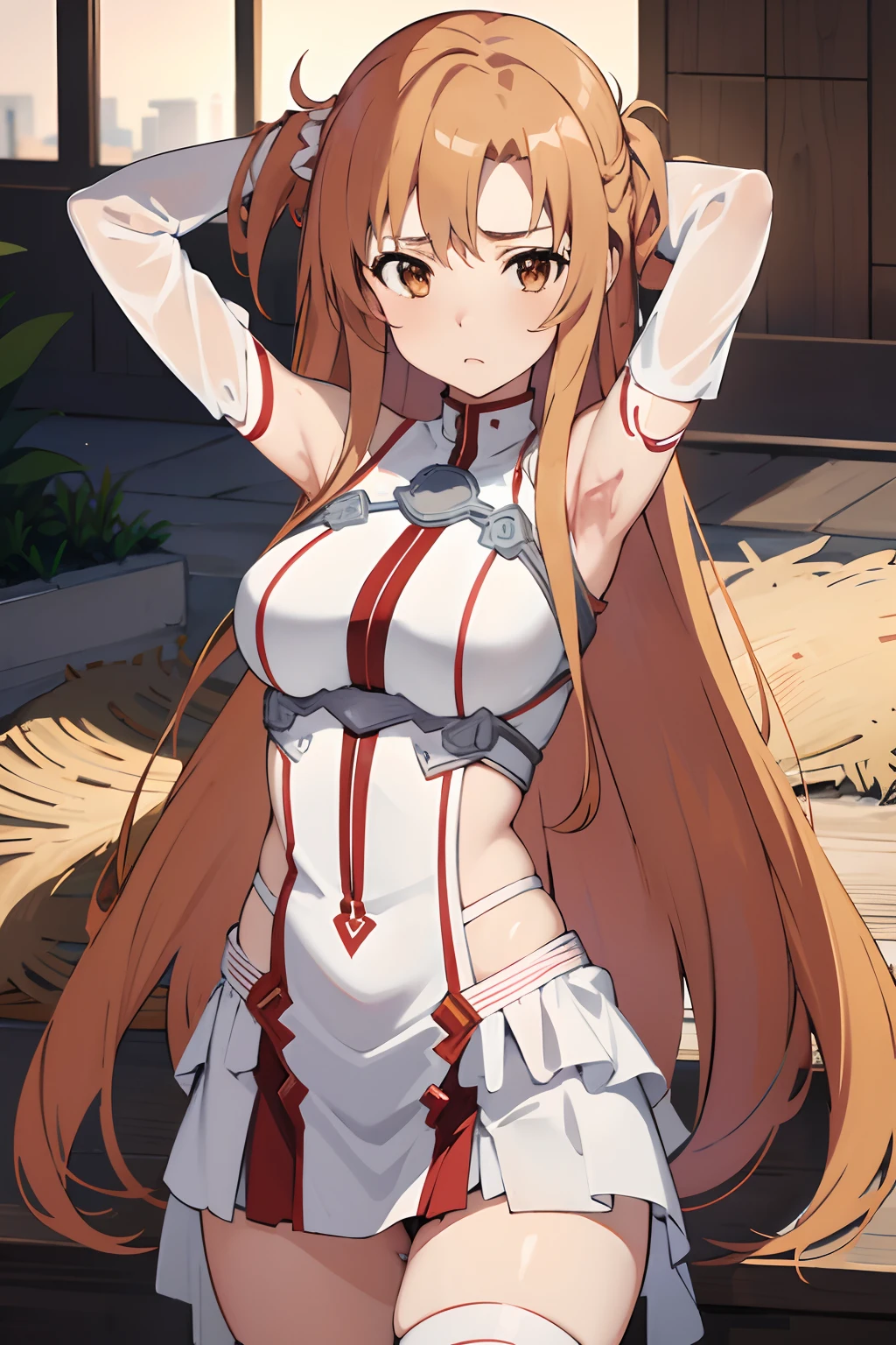 {asuna yuuki(sword art online)}, 1girl, ​masterpiece、top-quality、NSFW, {fullnude}、{Outdoor exposure}、{pink nipples}、{Naked Dance}、vagina, {Metamorphosis}、