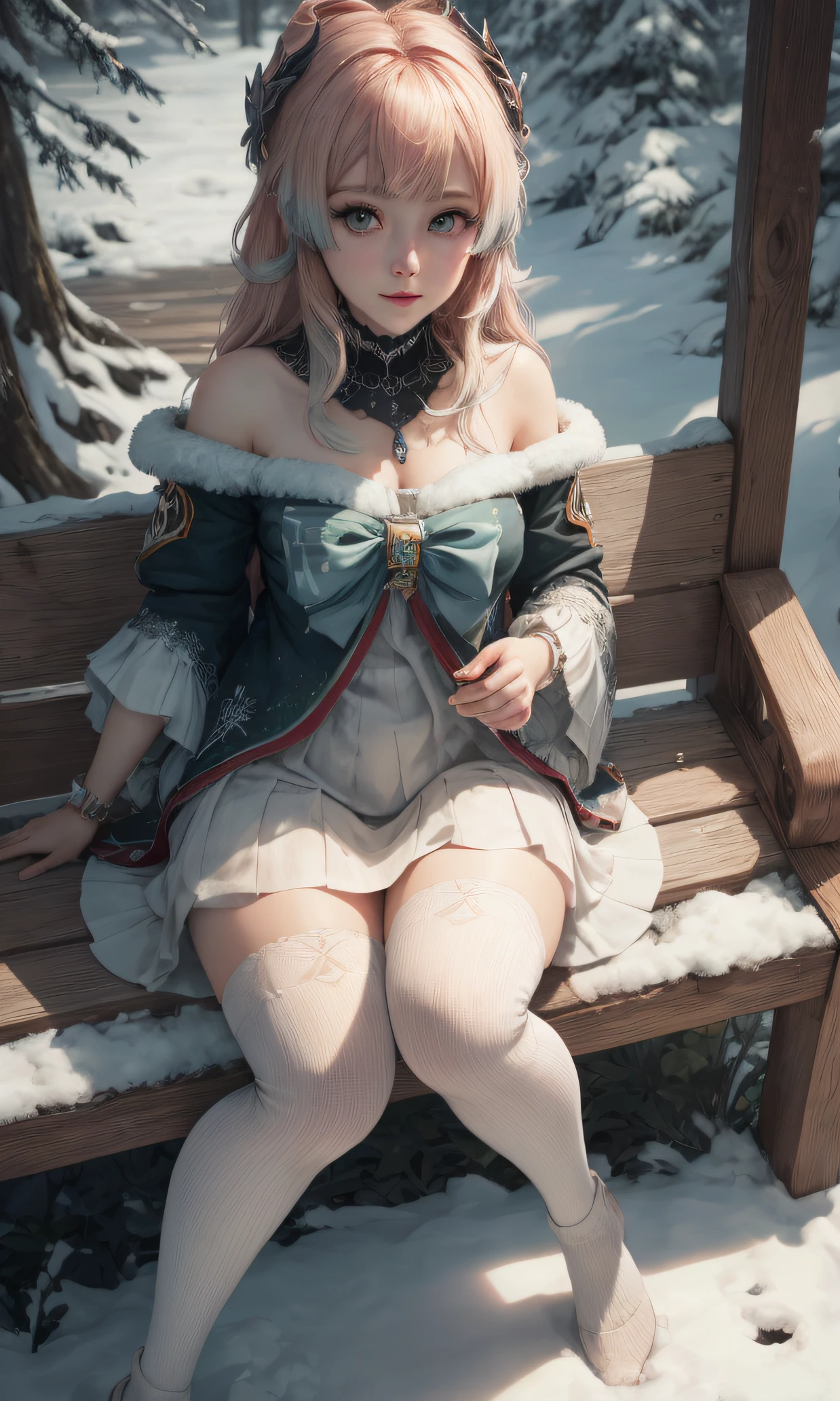 Girl sitting on a bench, Warm winter clothes, green colored eyes, People's casual clothes, pantyhouse, white pantyhose, Winter time, snowing, little chest, You can see the underpants, Upskirt, blackskirt, detailed digital anime art, beautiful anime girl, beautiful anime girl, Anime with small details, Best Quality, Masterpiece, Ultra-detailed, Beautiful, hight resolution, Original,CG 8K ультрареалистичный, perfect artwork, beatiful face, Face Clean, Skin, hyper realistic, Ultra Detailed, A detailed eye, dramatic  lighting, (Realistic) Realistic, Full HD, Best Quality, Best Quality, Beautiful lighting, (8k wallpaper of extremely detailed CG unit), High Details, sharp-focus, The art of dramatic and photorealistic painting, beautiful smile,