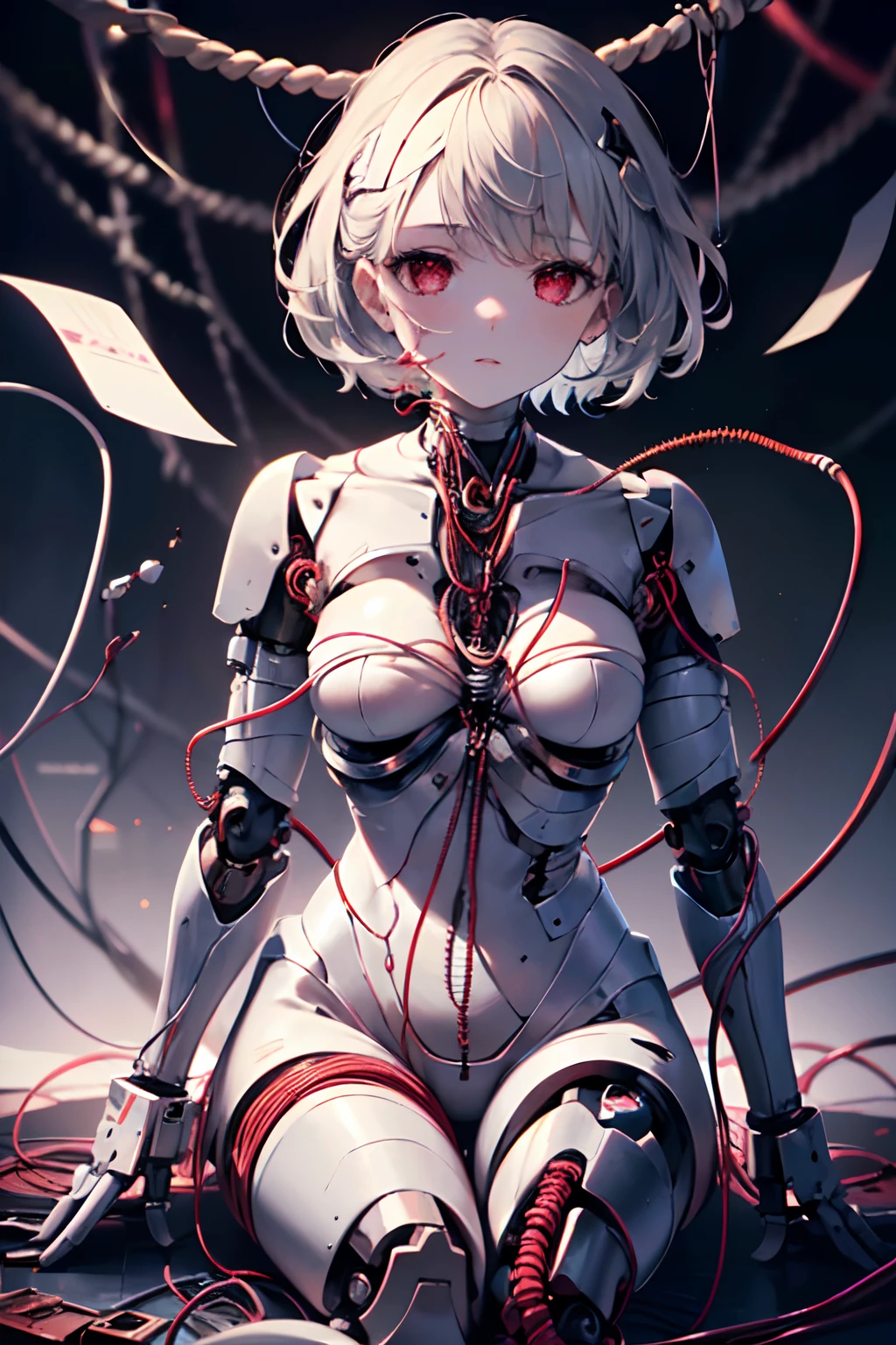 extremely delicate and beautiful girls, Show from the hips to the shoulders, from_above, flat chest, (very short hair), big forhead, grey hair, no facial features, (emotionless eyes:1.3), parted_lips, red eyes, white skin, black_gloves, (Full body bandaged), (mechanical prosthetic arm and leg), skindentation, black Clothes, (Blood vessels connected to tubes), (Mechanical vertebrae attached to the back), (Mechanical cervical vertebrae attached to the neck), (sitting), Expressionless, (wires and cables attached to the head and body:1.5), professional lighting, best quality, masterpiece, ultra detailed, captures a super cute moment, depth of field, ultra high resolution, fine details, 16k wallpaper,