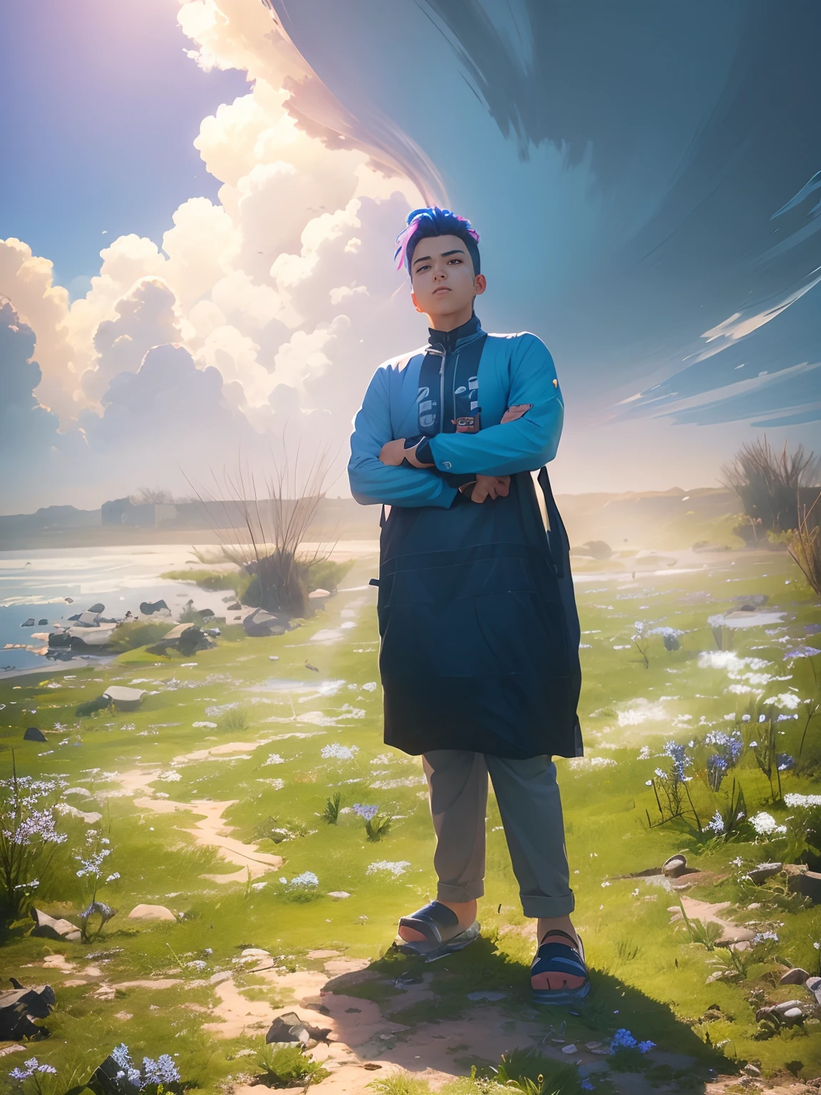 "Generate an anime-style portrait of a young character with big eyes, colorful hair, and a cute expression, beautiful weather, realistic nature, blue sky, midway,