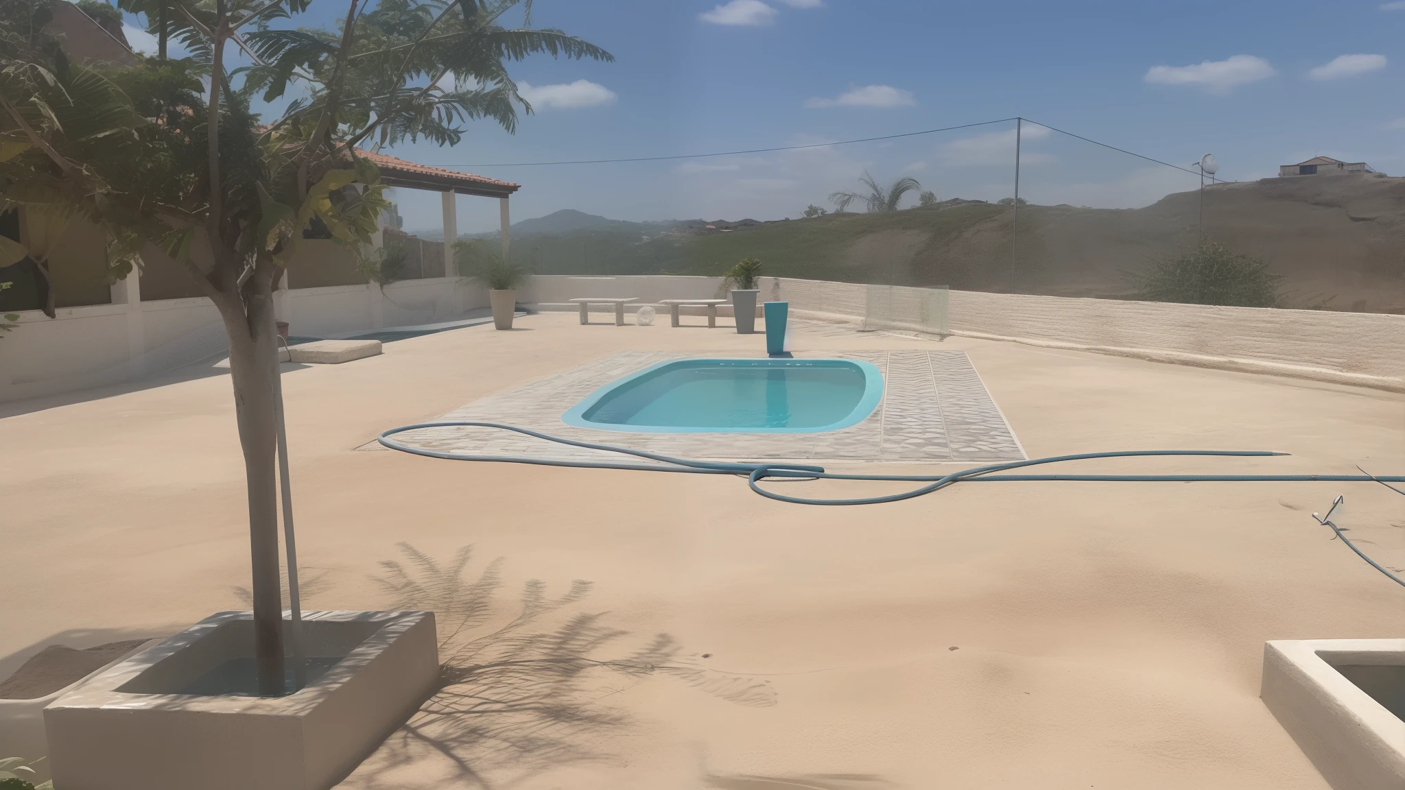 There is a small pool in the middle of a concrete patio, piscina, piscina em frente, piscina, Piscinas, piscina, Beautiful image, imagem limpa, Completo - Ver, palacete, imagem de listagem, paradise in the background, Fotografia tirada em 2 0 2 0, courtyard, Foto realista, ao lado de uma piscina, preciso que inclua um piso cinza no formato de pedra ao redor da piscina. E todo aquele muro branco deixe ele na cor amarela.