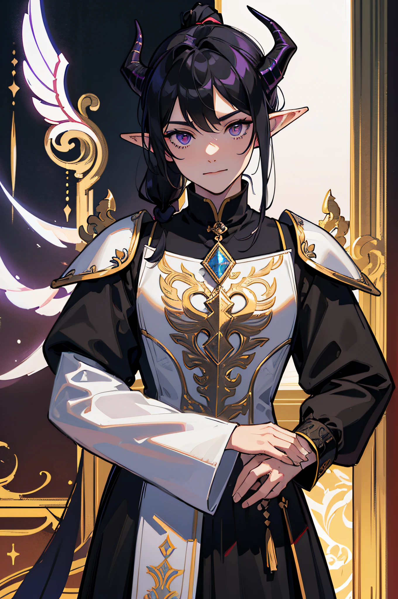(masterpiece, Top quality, best quality, official art, beautiful and aesthetic: 1,2), ((1 man)), masculine, elegant, expresive eyes, (fraktale Kunst: 1,3), colorful, very detailed, (perfect face), half body, looking at viewer, dutch angle, cowboy shot, (long black hair), ponytail, (purple eye color), long elf like ears, two long demon horns on the head, leather armor, Clothing for the Middle Ages, assasin, dagger, light smile, HDR, (white gold lines: 1,2), Galaxie, (Lichtstreifen), eye-catching graphics, (dynamische Streifen, leuchtende Spuren: 1,2), lebendige Farben, (phoenix), (Drache)