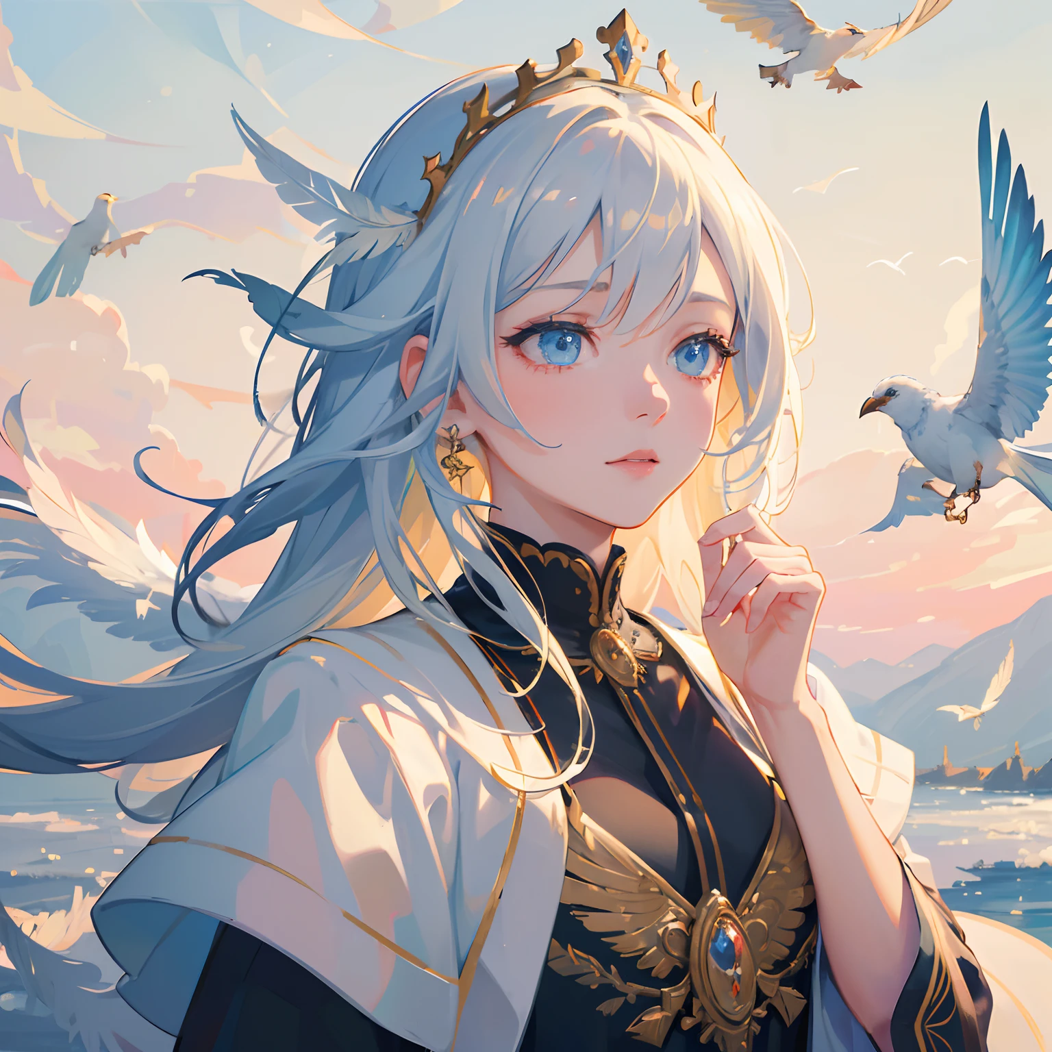 (high quality,high resolution,masterpiece:1.2),vivid colors,dream-like atmosphere,beautiful feathers, intricate details,expressive eyes,soft lighting,artistic composition,nature-inspired,fine art,bird lover,fascinating portrait,a crown resembling bird feathers