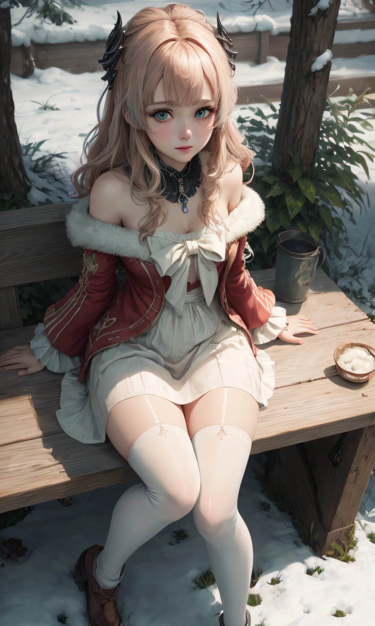 Girl sitting on a bench, Warm winter clothes, green colored eyes, People's casual clothes, pantyhouse, white pantyhose, Winter time, snowing, little chest, You can see the underpants, Upskirt, blackskirt, detailed digital anime art, beautiful anime girl, beautiful anime girl, Anime with small details, Best Quality, Masterpiece, Ultra-detailed, Beautiful, hight resolution, Original,CG 8K ультрареалистичный, perfect artwork, beatiful face, Face Clean, Skin, hyper realistic, Ultra Detailed, A detailed eye, dramatic lighting, (Realistic) Realistic, Full HD, Best Quality, Best Quality, Beautiful lighting, (8k wallpaper of extremely detailed CG unit), High Details, sharp-focus, The art of dramatic and photorealistic painting, beautiful smile,