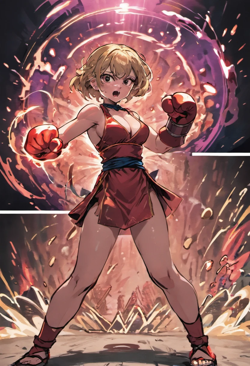 Manga Storyboard: 1.8, Manga Layout, "Martial Arts Matches, Battle between man and woman", Outdoor Arena, Bare-handed fist fights, fighting spirit, Kamehameha, accurate anatomy, (isolation: 1.1), (Reflected Light: 1.2), glass, super detailed, Convoluted, oil on canevas, Dry brush, detail Enhanced, Dynamic Poses、dynamic compositions、Detailed finger、Detailed hand、A detailed face、32K , hyper HD, Comic Panel Layout, Voice bubbles, english text, Hand-drawn audio stickers used in cartoons, Spoke Heart, Read the ellipsis, Spoke question mark, Read an exclamation point, Read notes aloud, Otherworldly, 1990s style ), Effect Lines