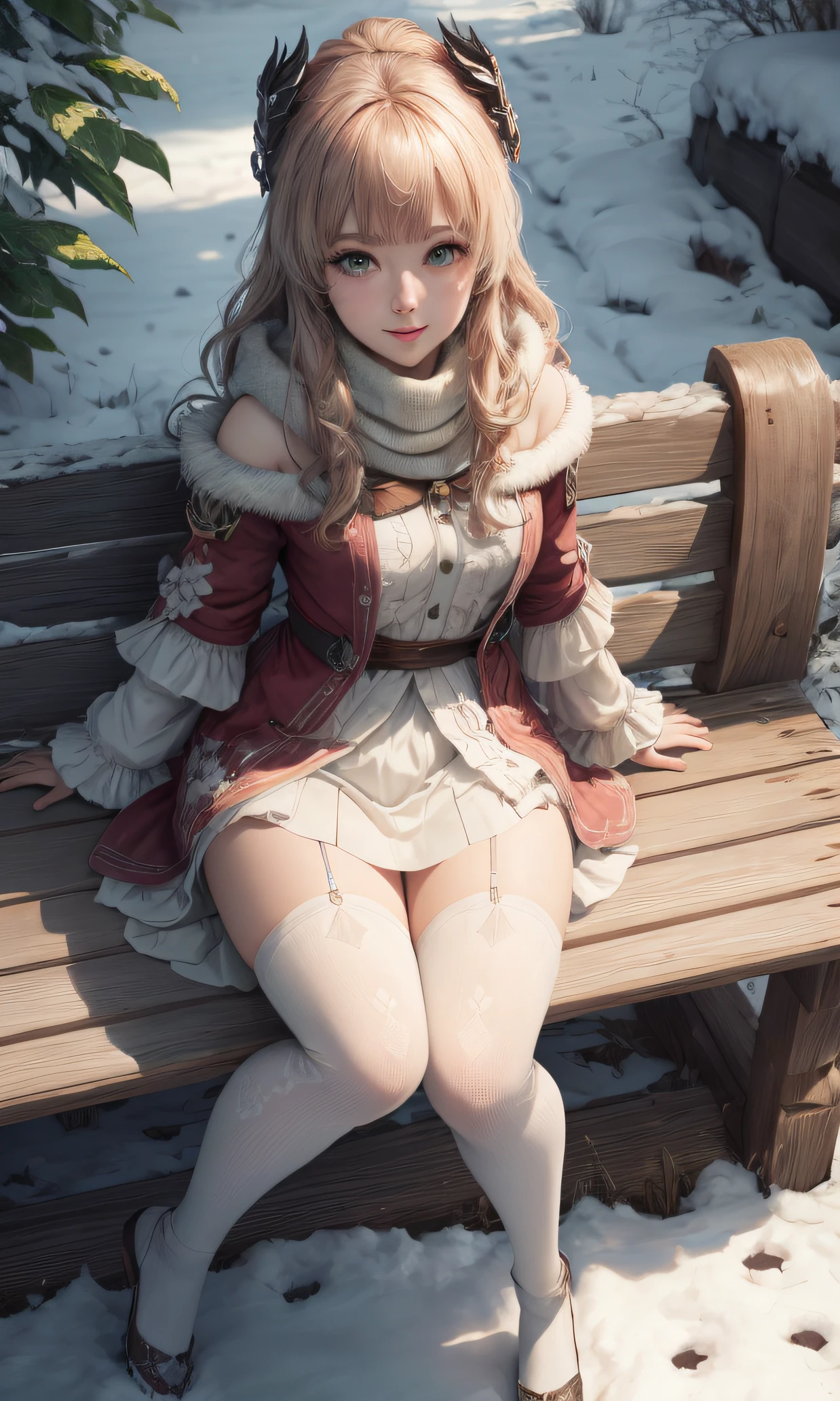 Girl sitting on a bench, Warm winter clothes, green colored eyes, People's casual clothes, pantyhouse, white pantyhose, Winter time, snowing, little chest, You can see the underpants, Upskirt, blackskirt, detailed digital anime art, beautiful anime girl, beautiful anime girl, Anime with small details, Best Quality, Masterpiece, Ultra-detailed, Beautiful, hight resolution, Original,CG 8K ультрареалистичный, perfect artwork, beatiful face, Face Clean, Skin, hyper realistic, Ultra Detailed, A detailed eye, dramatic  lighting, (Realistic) Realistic, Full HD, Best Quality, Best Quality, Beautiful lighting, (8k wallpaper of extremely detailed CG unit), High Details, sharp-focus, The art of dramatic and photorealistic painting, beautiful smile,