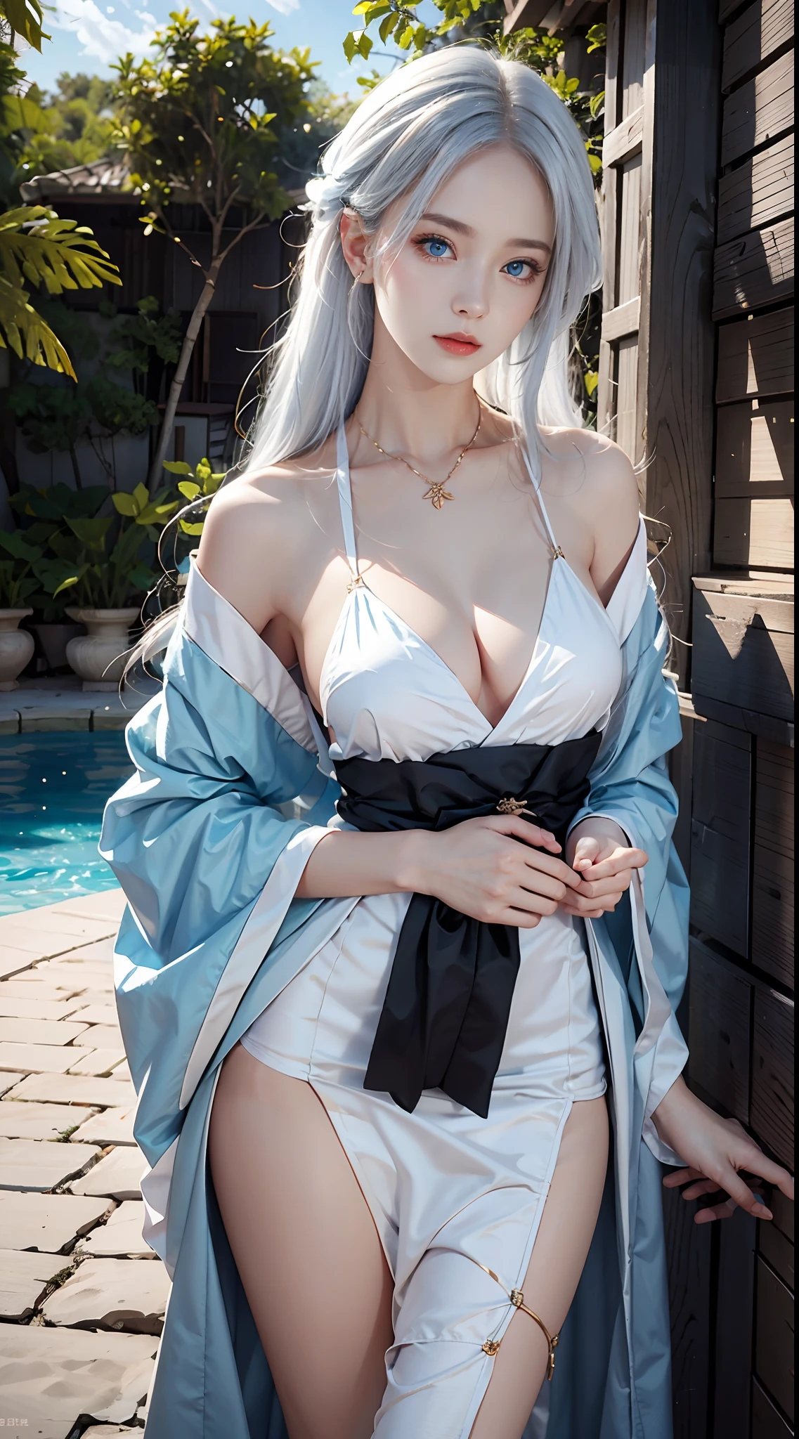 photorealistic, masterpiece, photorealistic, high resolution, soft light, waist up, blue eyes, white hair, long hair, shoulder less, short kimono, slim legs