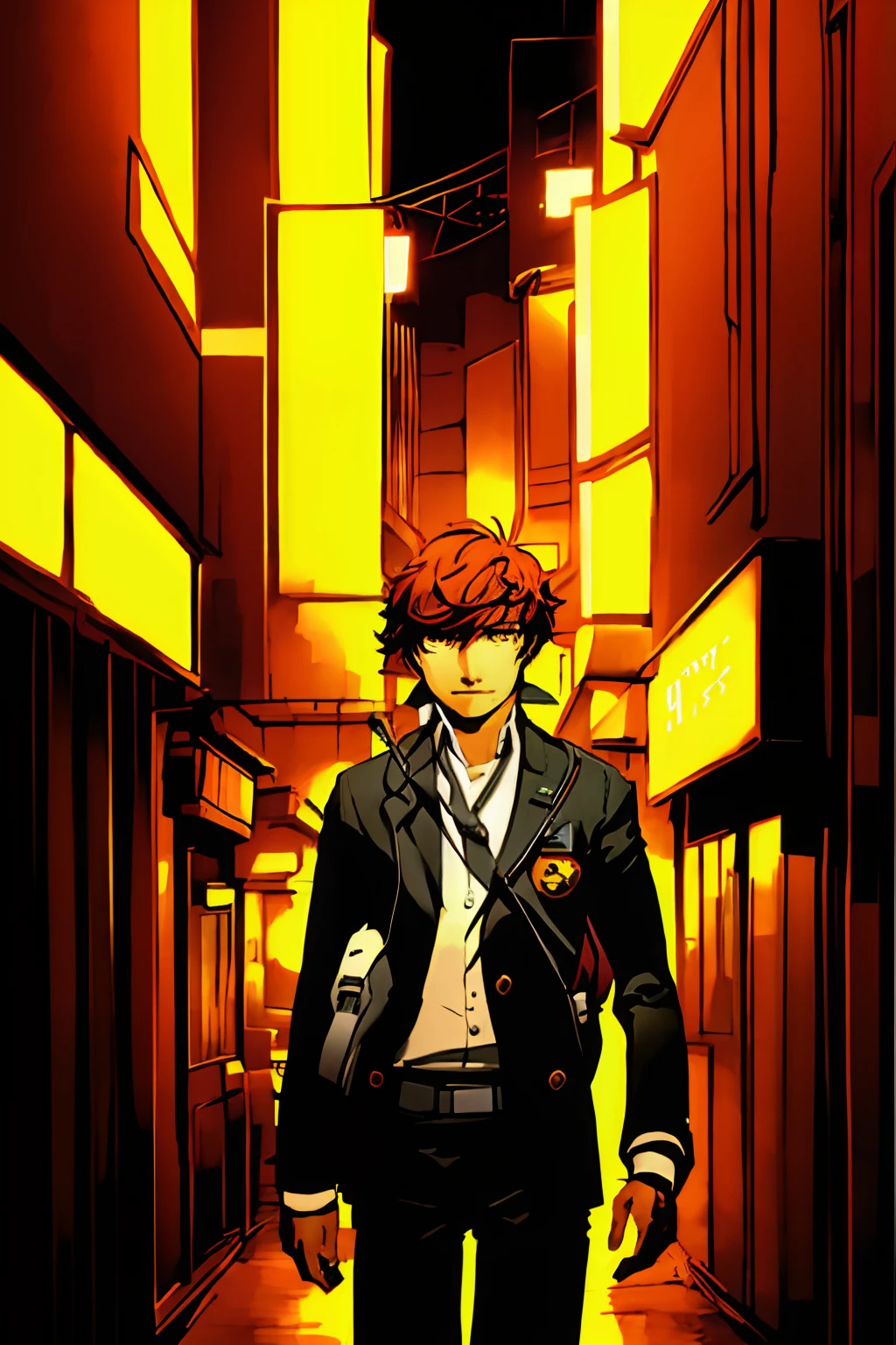 (best quality, highres, masterpiece:1.2), photorealistic portrait of a young man with vibrant orange hair, dressed in a school uniform and an academy uniform. The boy is carrying a backpack on his shoulders. He stands alone in the middle of a bustling street, captured in a dynamic cowboy shot. The background is meticulously detailed, showcasing the vibrant energy of the city. The artist's style is heavily influenced by Soejima Shigenori, with intricate attention to facial features, expressive eyes, and a charismatic expression on the young man's face. The lighting casts a warm glow, enhancing the vivid colors of the artwork.