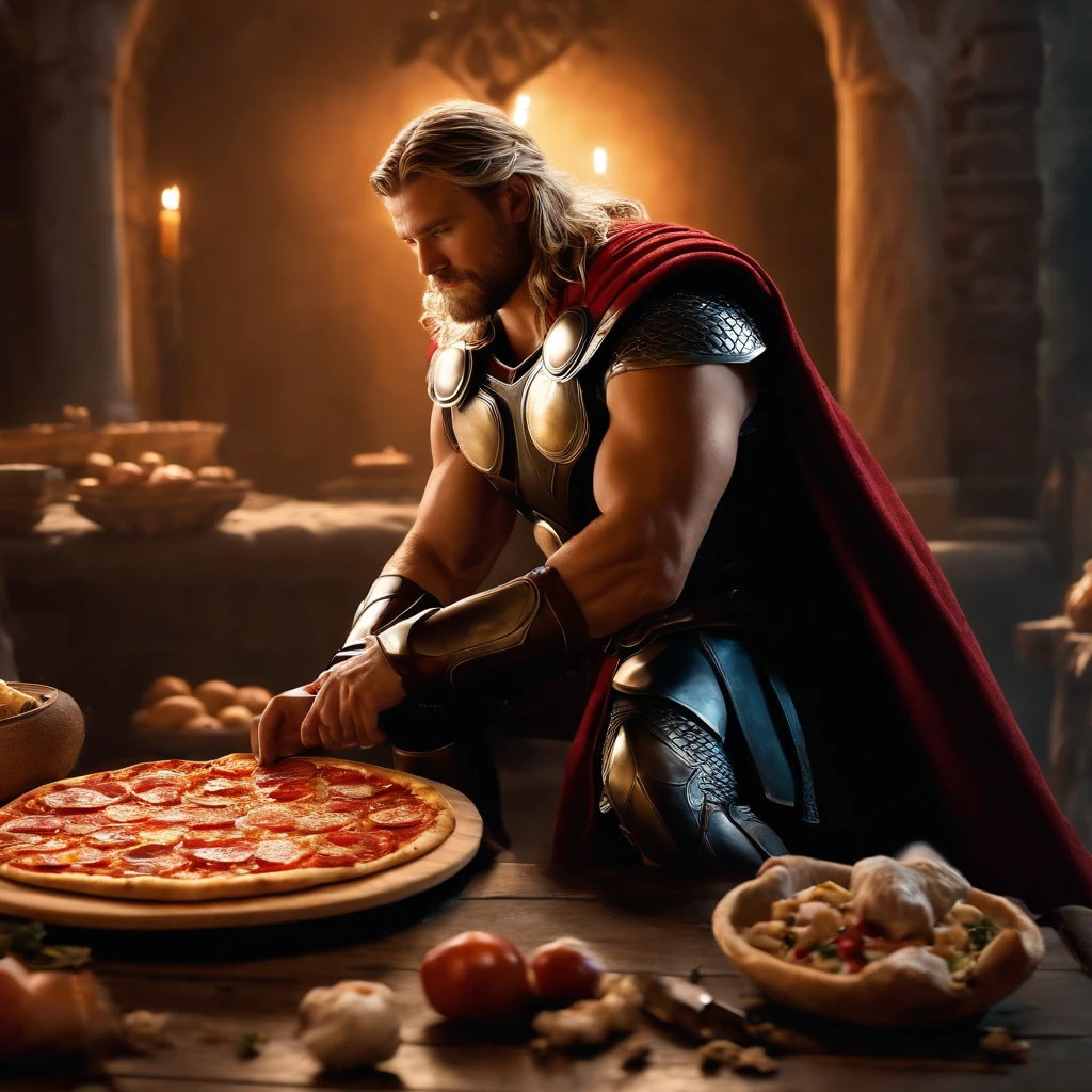 Muy gordo Thor come pizza grande, Detalles altos, ultra foto realsisim, realista, 8k