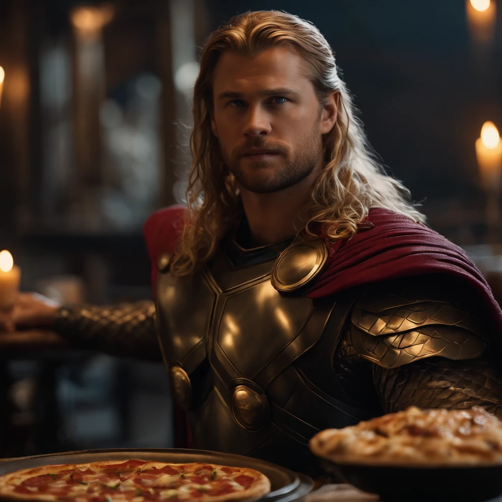 Muy gordo Thor come pizza grande, Detalles altos, ultra foto realsisim, realista, 8k
