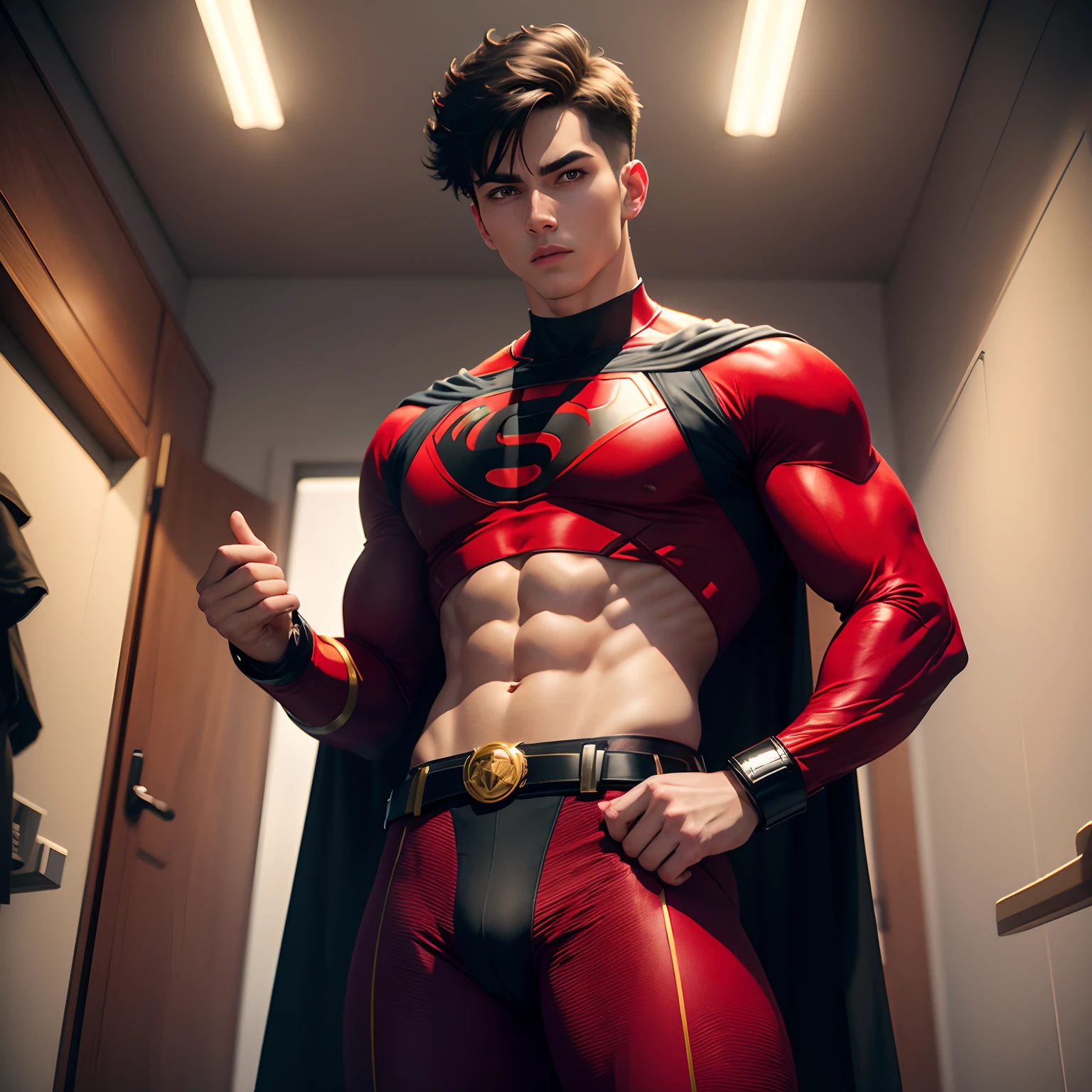 Young male superhero standing in room in red tights and black slim leggings,He wears a yellow belt and white briefs on his waist