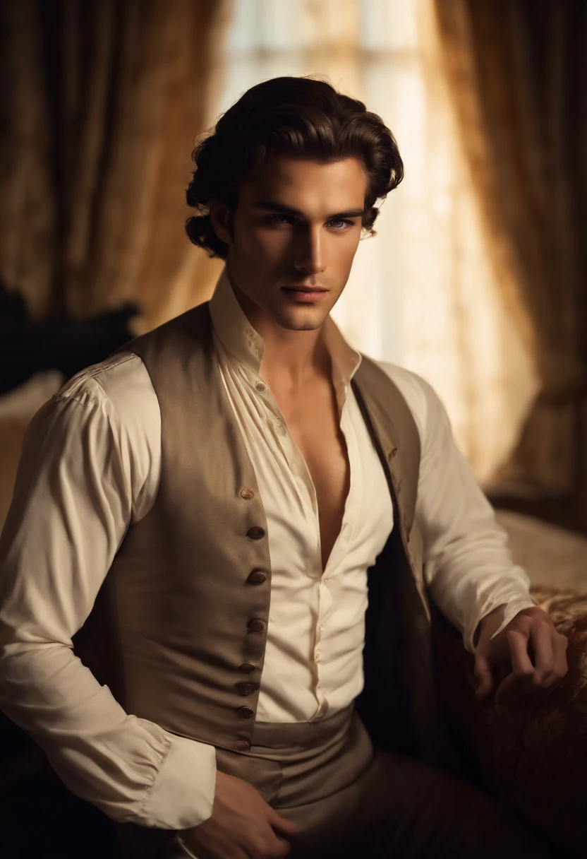 open shirt man, young, 22 years old, sexy, realistic, masterpiece, intricate details, detailed background, depth of field, cinematic, pectorals, abs, , open shirt, dramatic lighting, photo of a handsome (regency era man) in bedroom, window, volumetric light, poster art photography