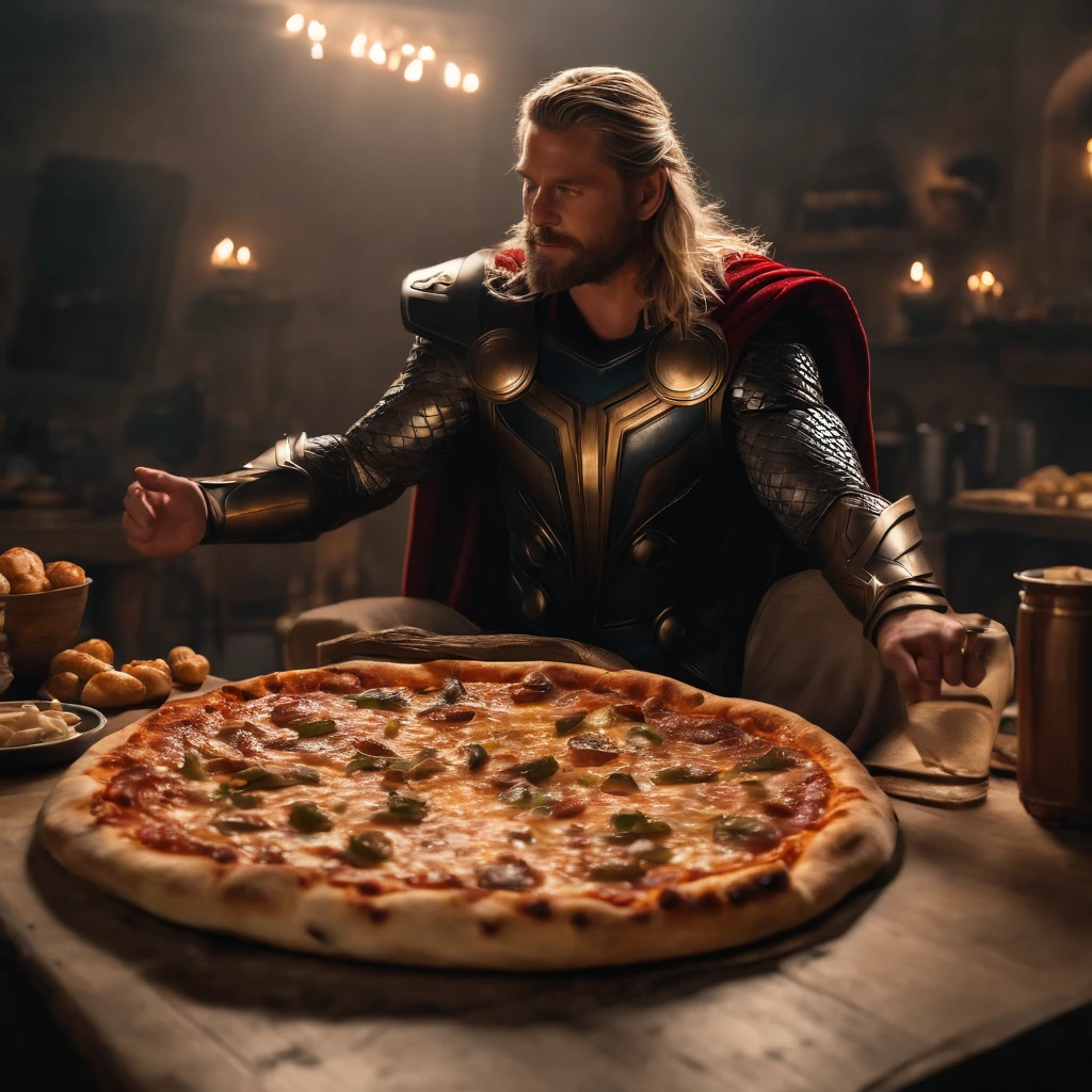 Muy gordo Thor come pizza grande, Detalles altos, ultra foto realsisim, realista, 8k