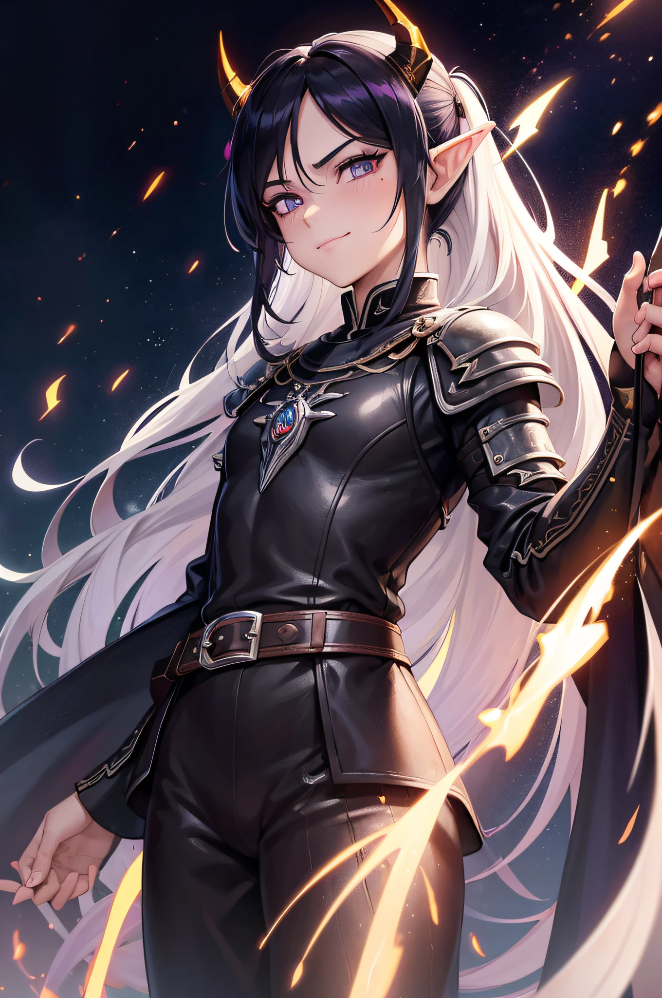(masterpiece, Top quality, best quality, official art, beautiful and aesthetic: 1,2), ((1 man)), masculine, elegant, expresive eyes, (fraktale Kunst: 1,3), colorful, very detailed, (perfect face), half body, looking at viewer, dutch angle, cowboy shot, (long black hair), ponytail, (purple eye color), long elf like ears, two long demon horns on the head, leather armor, Clothing for the Middle Ages, assasin, dagger, light smile, HDR, (white gold lines: 1,2), Galaxie, (Lichtstreifen), eye-catching graphics, (dynamische Streifen, leuchtende Spuren: 1,2), lebendige Farben, (phoenix), (Drache)