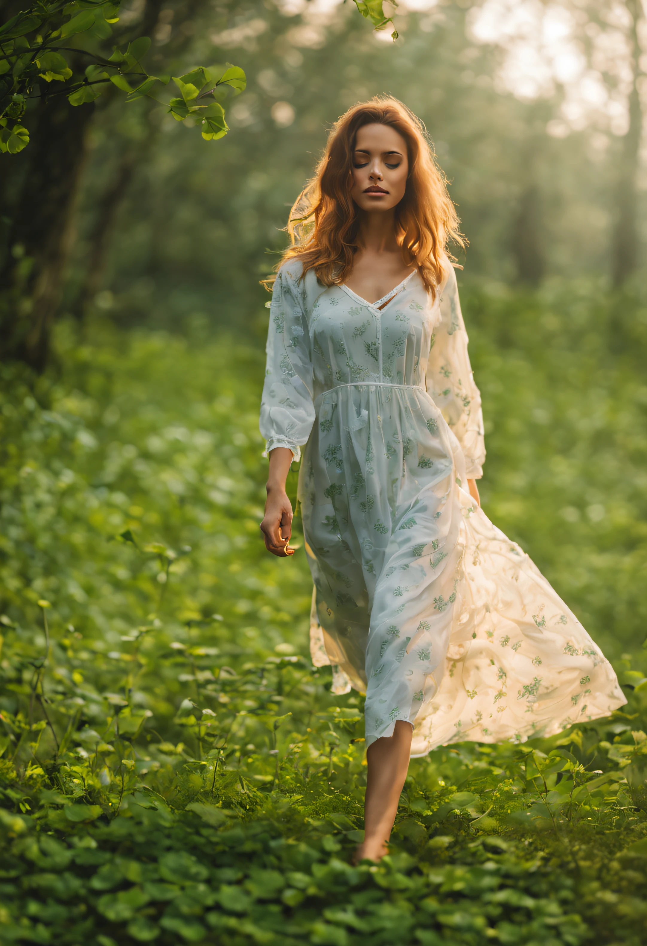 beautiful woman in a nightgown in the morning walking on the grass, four-leaf clovers growing under her feet